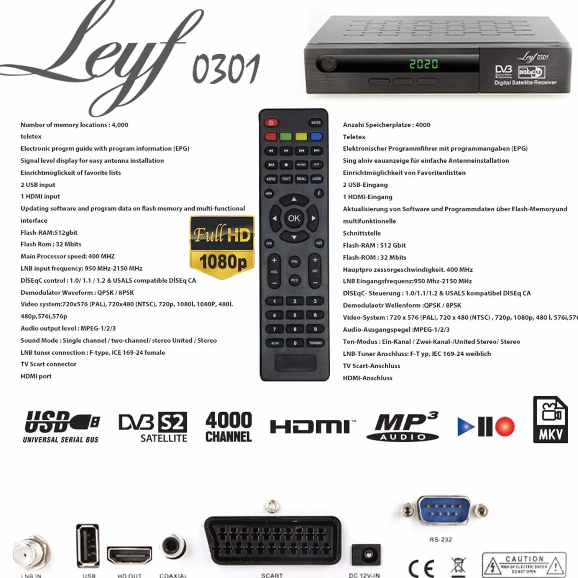 Odbiornik satelitarny Leyf PVR: funkcja nagrywania cyfrowego (HDTV, DVB-S/DVB-S2), HDMI, Scart, 2 porty USB, Full HD (1080p) [wstępnie zaprogramowany dla Astra, Hotbird i Tursat] + kabel HDMI