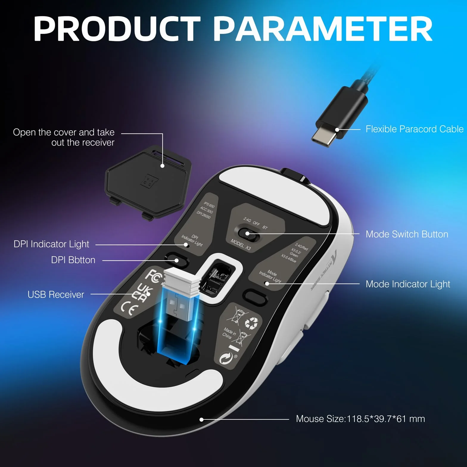 VGN GAMEPOWER ATTACK SHARK X3 SUPERLIGHT Bezprzewodowa mysz do gier, ultralekka mysz 49 g, PixArt PAW3395, 26000 DPI, Tri-mode 2.4G/USB-C przewodowa/Bluetooth, G502, bateria 200 godzin, przełącznik