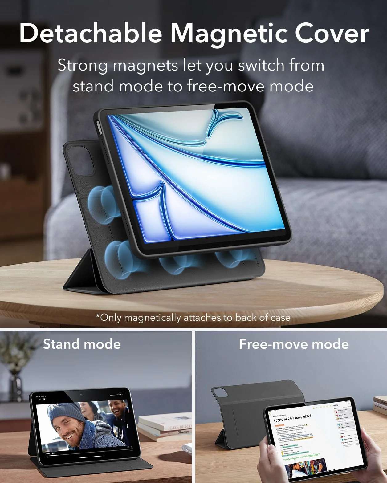 ESR Etui na iPad Air 2022/5/4 10,9 cala, zdejmowana osłona magnetyczna, regulowany stojak, rysik 2 funkcje, czarny