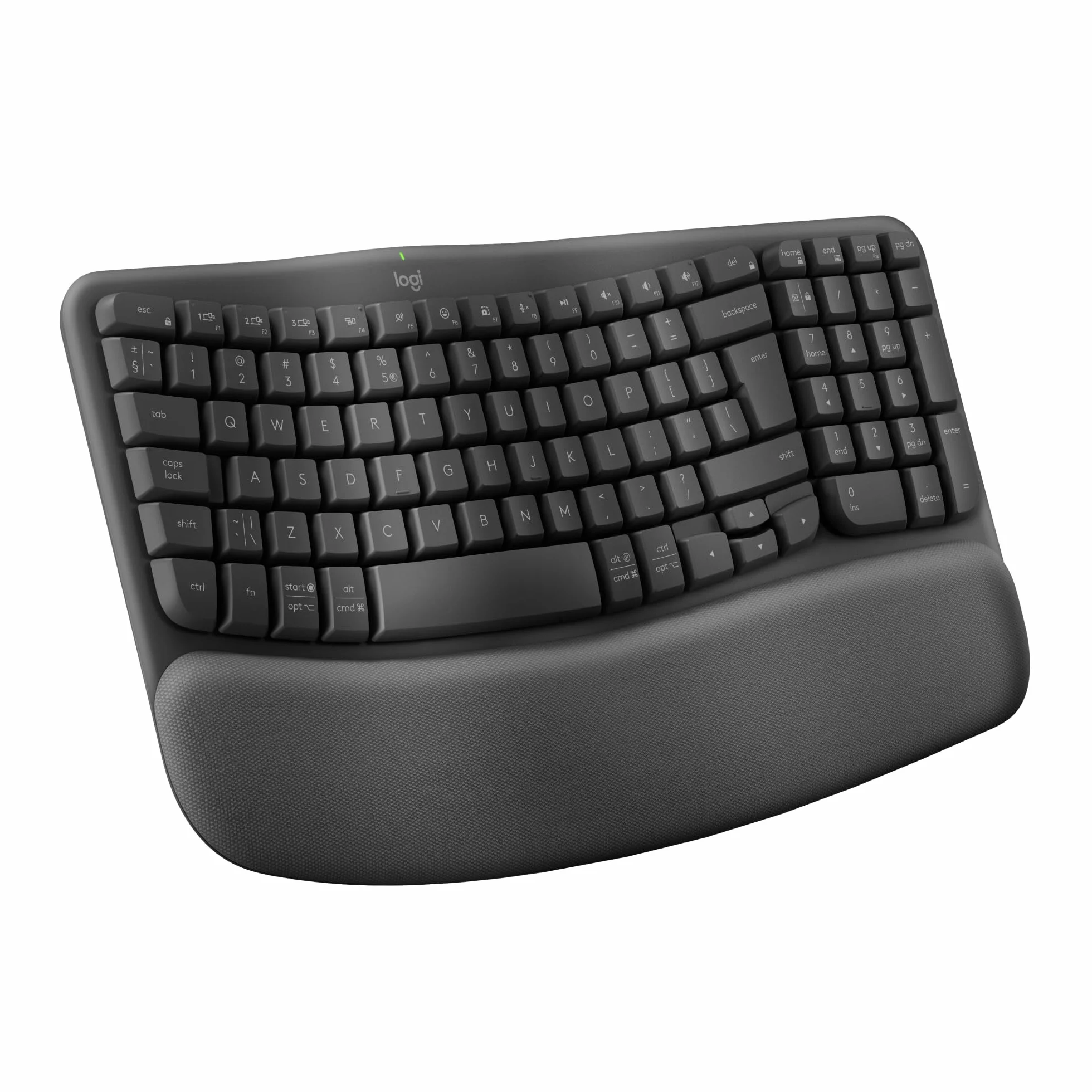 Logitech Wave Keys - bezprzewodowa klawiatura ergonomiczna z amortyzującą podpórką pod nadgarstki, wygodne naturalne pisanie, Easy-Switch, Bluetooth, odbiornik Logi Bolt, Windows/Mac, US INT'Ll,Grafit