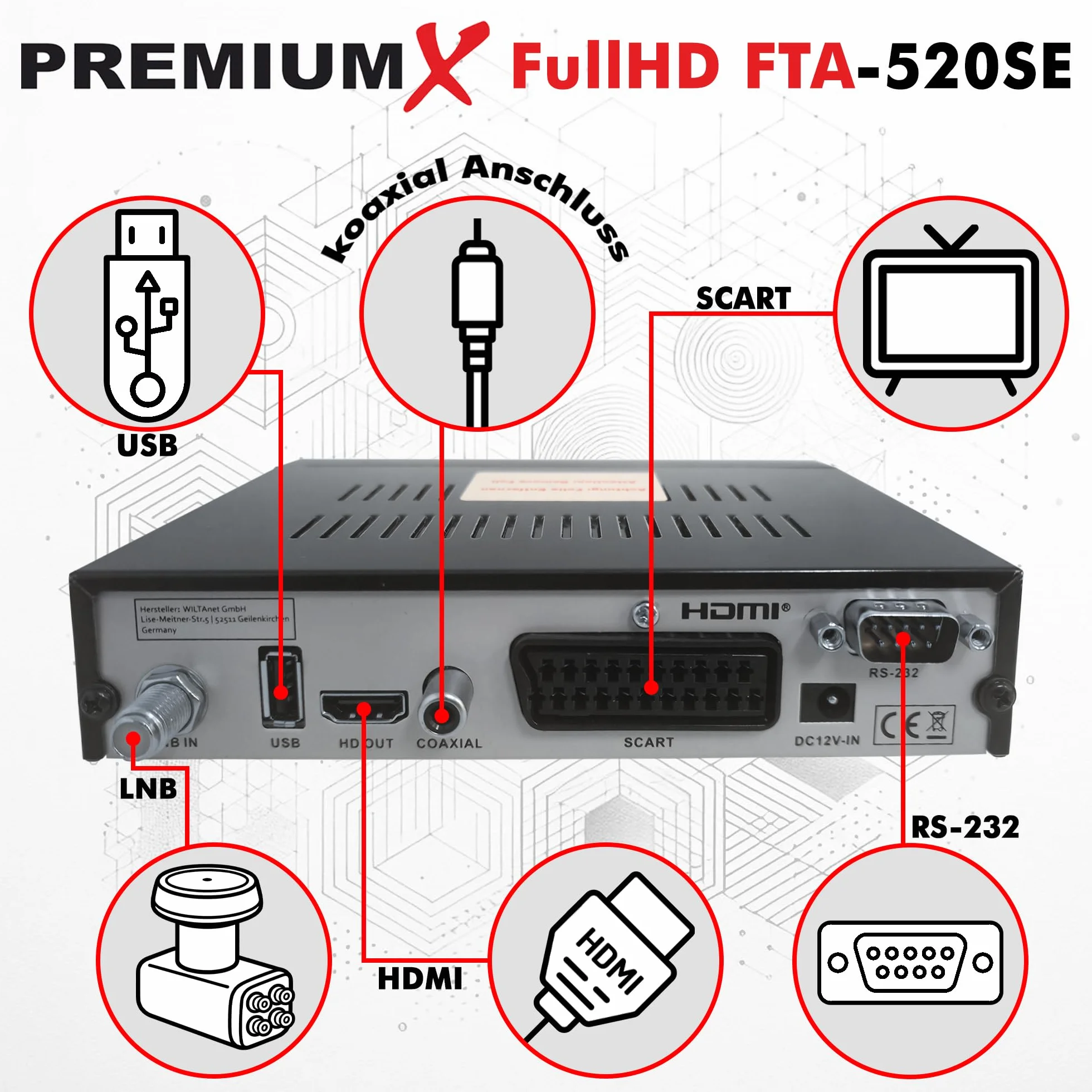 PremiumX odbiornik satelitarny HD 520SE FTA Digital SAT, DVB-S2 FullHD HDMI SCART 2 X USB odtwarzacz multimedialny, Astra Hotbird wstępnie zaprogramowany