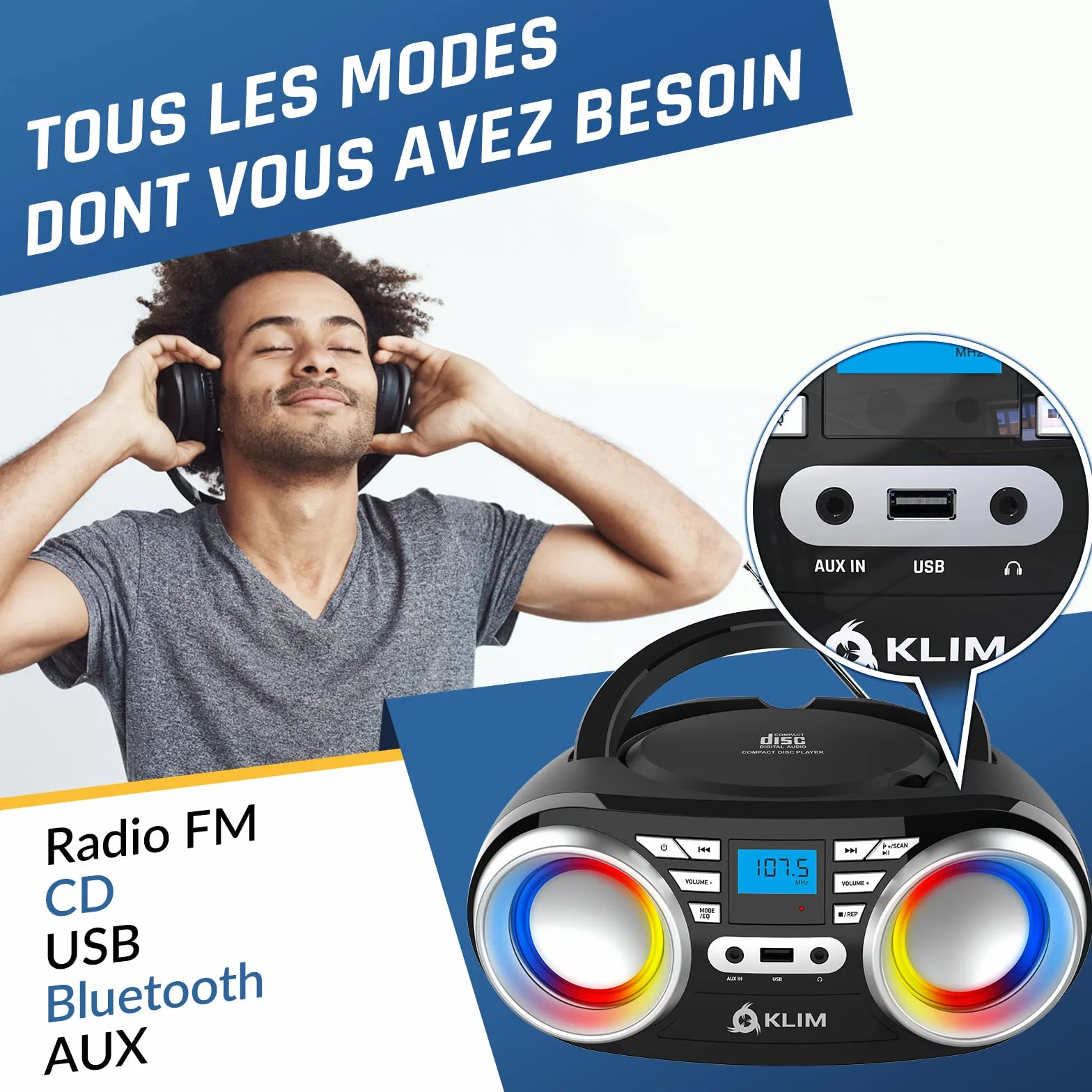 KLIM Boombox B3 + przenośny odtwarzacz CD + radio FM, CD, Bluetooth, USB, Bluetooth, MP3 + tryb przewodowy i bezprzewodowy z bateriami + ulepszona soczewka laserowa + NOWOŚĆ 2022