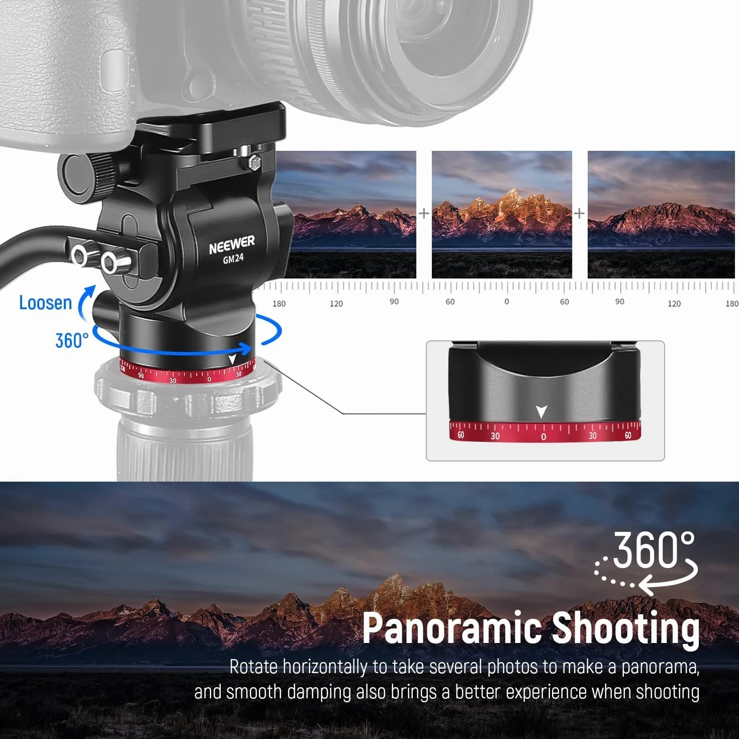 NEEWER Statyw z głowicą fluidową Pan Tilt Head z płytą do szybkiego montażu i uchwytem, metalowa głowica statywu kompatybilna z Arca Swiss do kompaktowych kamer wideo DSLR, obciążenie do 3 kg, GM24
