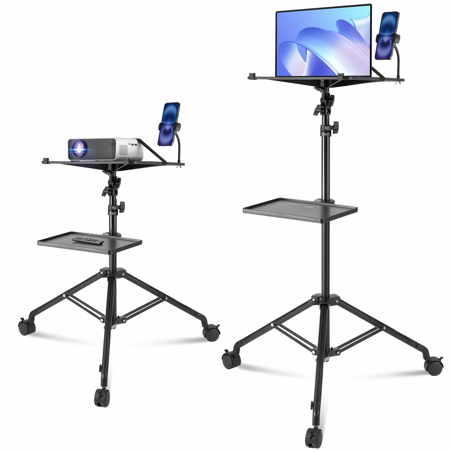 VEVOR Stojak do projektora laptopa z kółkami o regulowanej wysokości 795-1710 mm, stojak do projektora telefonu z 2 tacami na łabędzią szyję, do filmów na świeżym powietrzu, domu, biura lub gabinetu