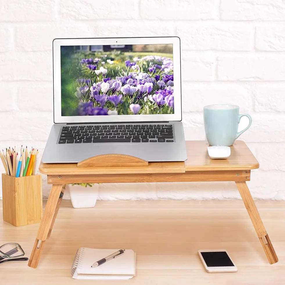 Cocoarm Bambusowy stolik na laptopa, regulowany stojak na laptopa do łóżka, przenośna tacka śniadaniowa do łóżka, wielofunkcyjny stół z przechylanym blatem i szufladą do przechowywania