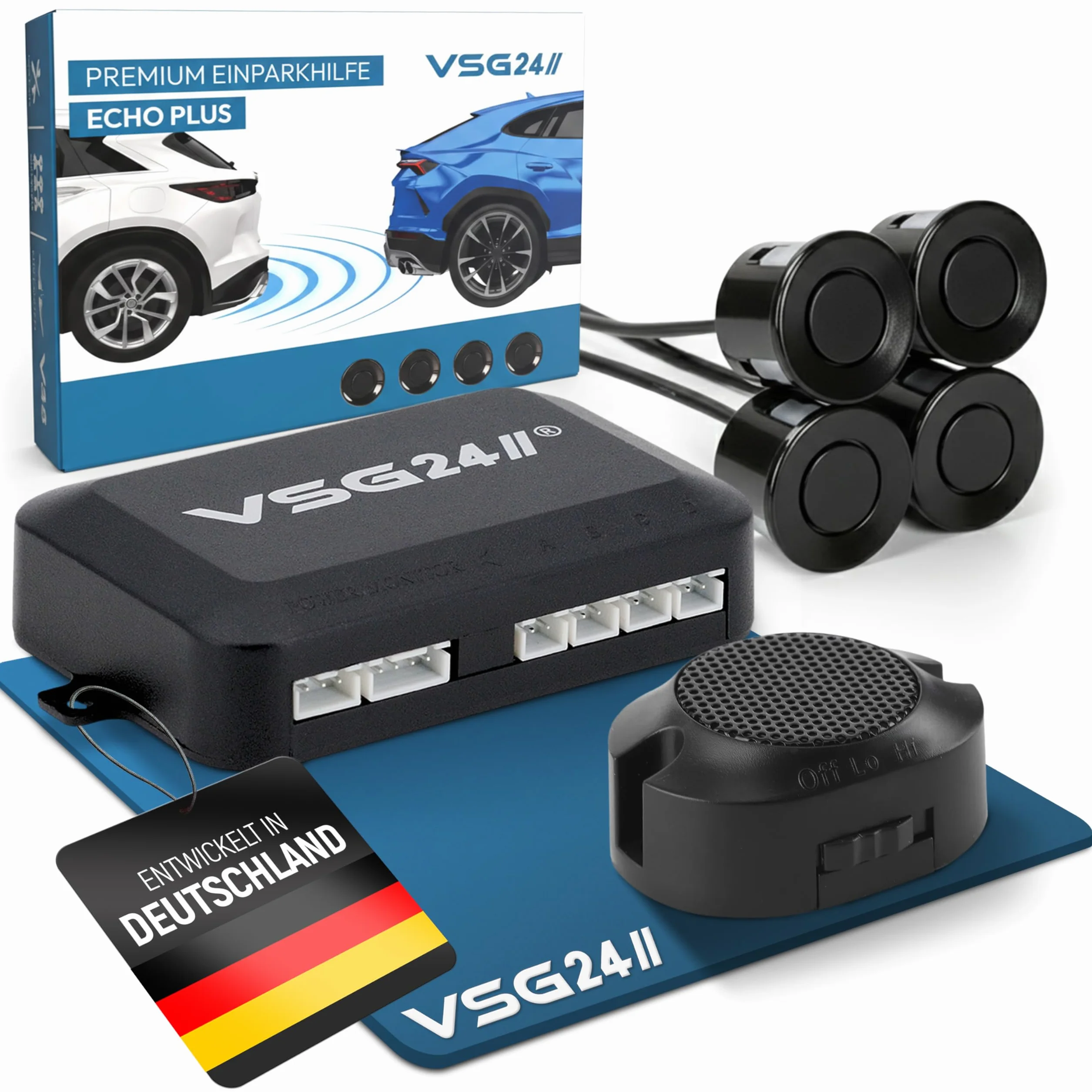 VSG® Pomoc przy parkowaniu z akustycznym nadajnikiem sygnału i 4 czujnikami w kolorze czarnym do tyłu