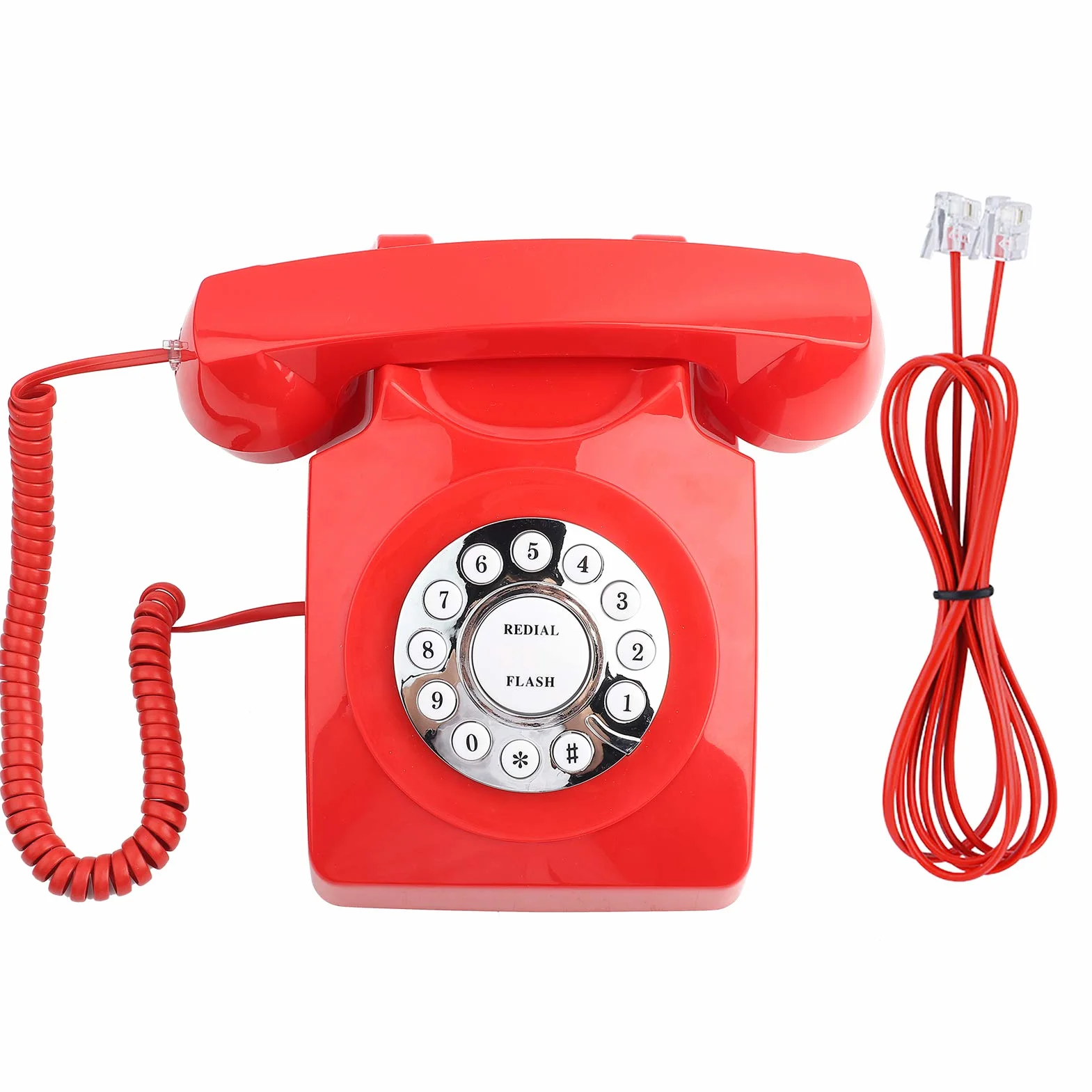ASHATA Retro Telefon Vintage Przewodowy Analogowy Stacjonarny Klasyczny z Tarczą Obrotową Czerwony