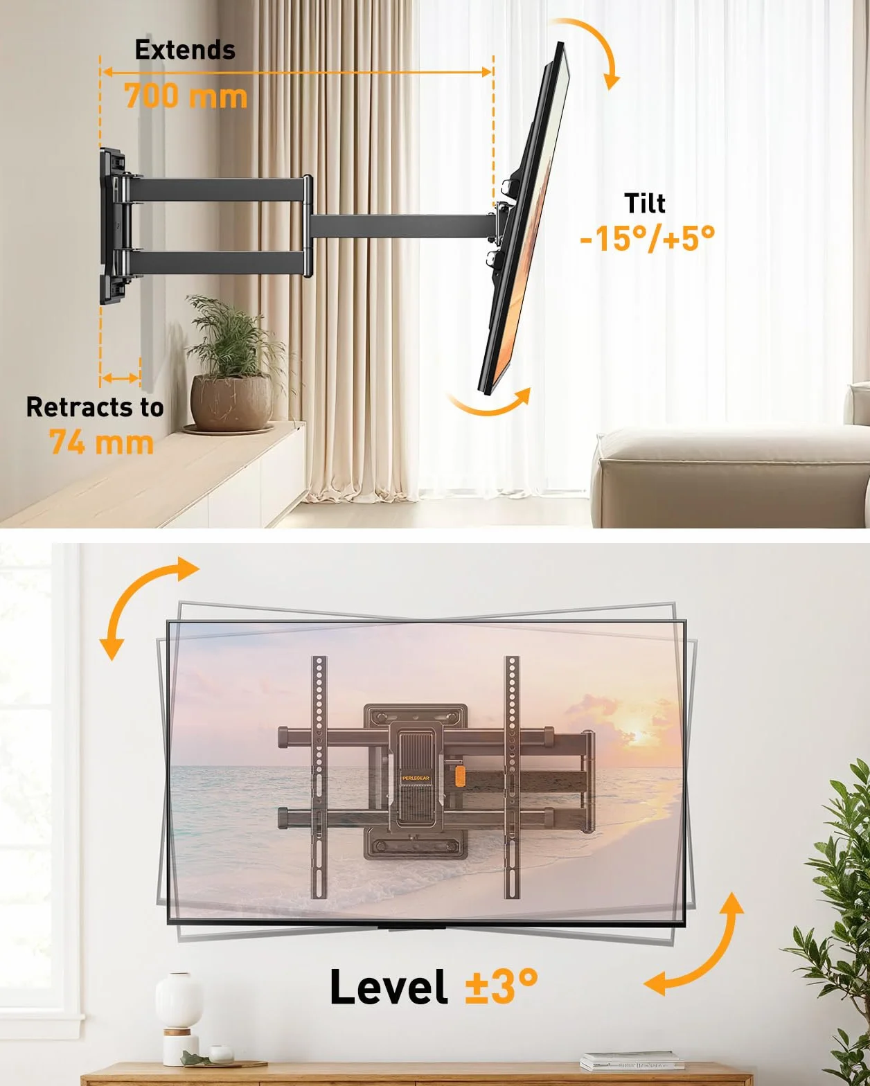 Perlegear Uchwyt do Telewizora Long Arm, W Pełni Ruchomy Uchwyt na Telewizor 32-65 Cali, Nośność 60 kg, Uchwyt do Telewizorów z obrotem ±90° i Wysięgnikiem 700 mm, maks. VESA 400 x 400 mm, PGMF24B