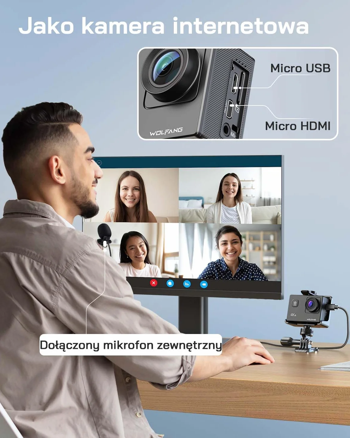 WOLFANG Kamera akcji GA100 4K 30FPS 20MP Kamera podwodna Wodoodporna 40M, kamera wideo WiFi z podwójnym mikrofonem, szeroki kąt 170°, zdalne sterowanie 2.4G, EIS Anti-shake, 2 baterie, różne akcesoria