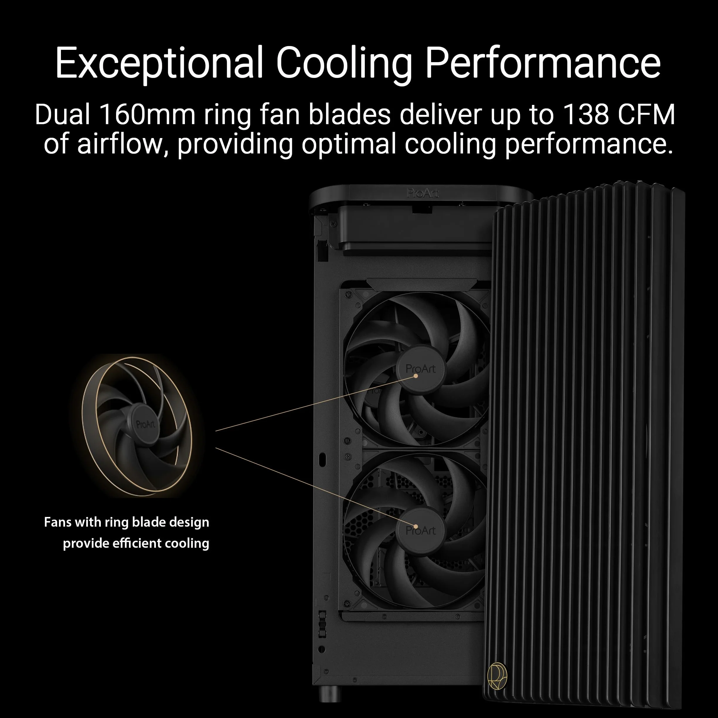 ProArt PA401 Metal PWM Black ATX Mid-Tower (podwójne ostrza wentylatora pierścieniowego 160 mm, Left-Side Lock, blokada przycisku zasilania i resetowania, odłączany uchwyt na PSU)