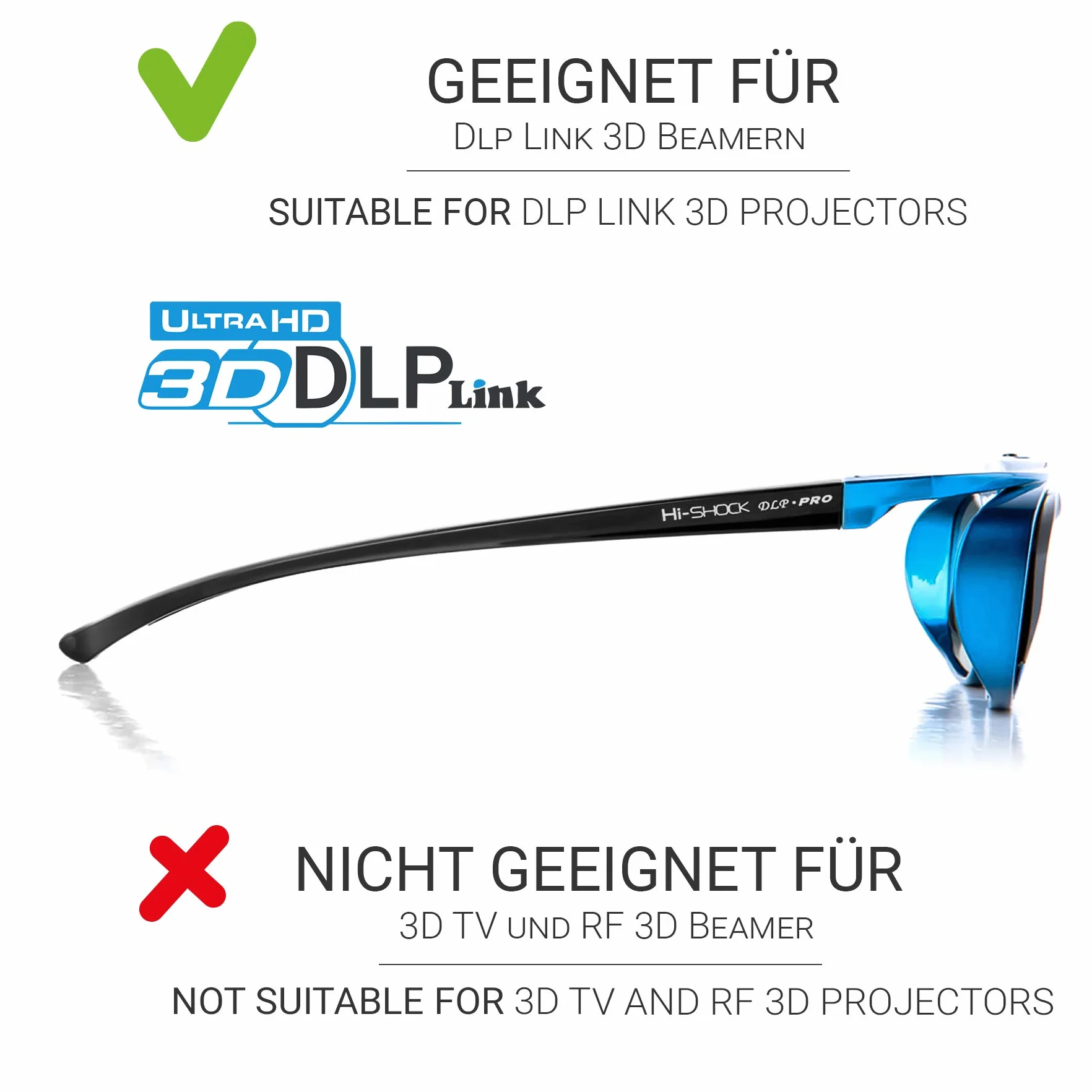 Okulary Hi-Shock DLP Pro Blue Heaven | DLP Link 3D do projektora 3D DLP firmy Acer, BenQ, Optoma, LG, [|96-144 Hz | zasilanie akumulatorowe |DLP Link]