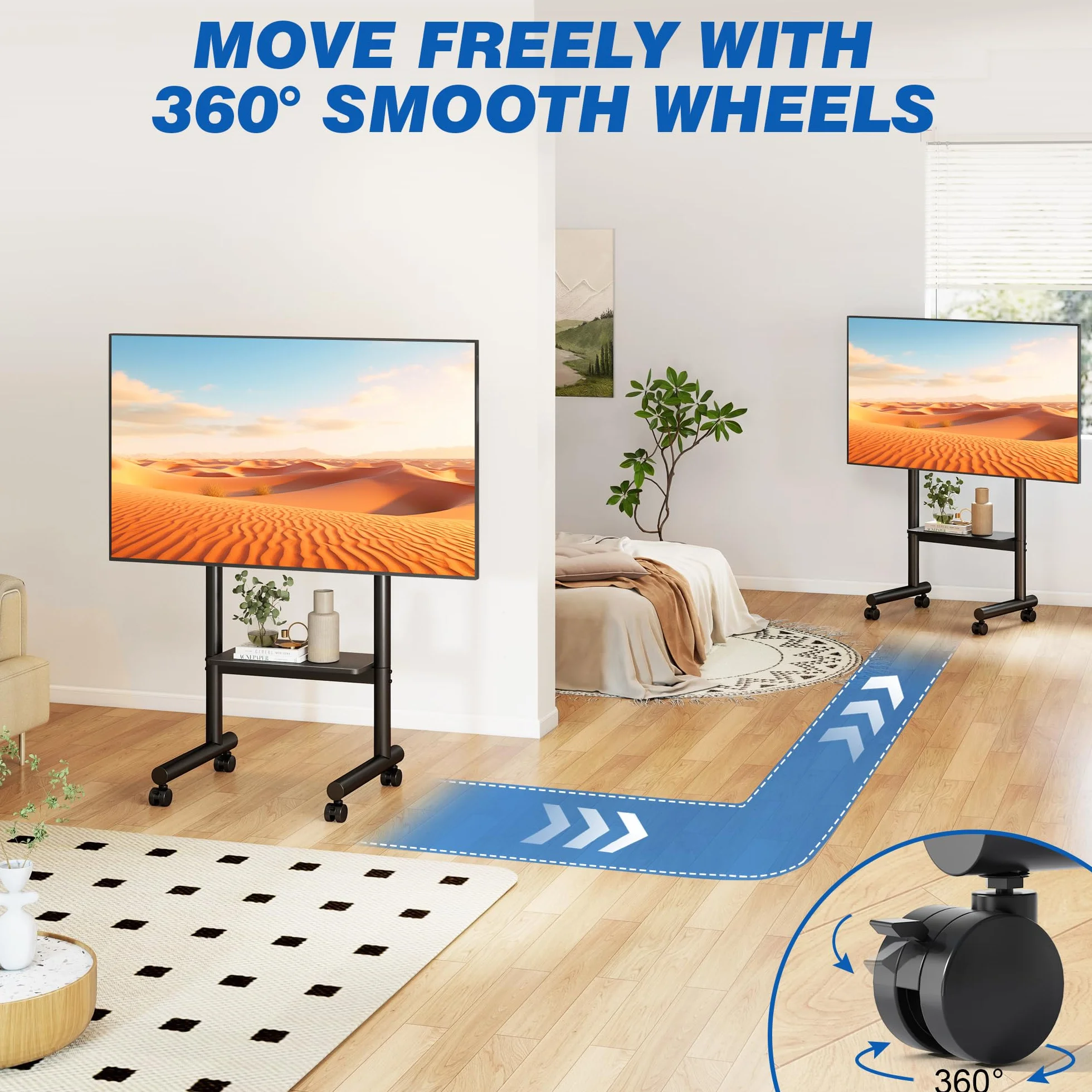 5Rcom Mobilny stojak na telewizor na kółkach – regulowany w wysokości stojak pod telewizor na podłodze dla ekranów płaskich LCD/LED/OLED o przekątnej 32–70 cali, wózek TV z półką do 50 kg