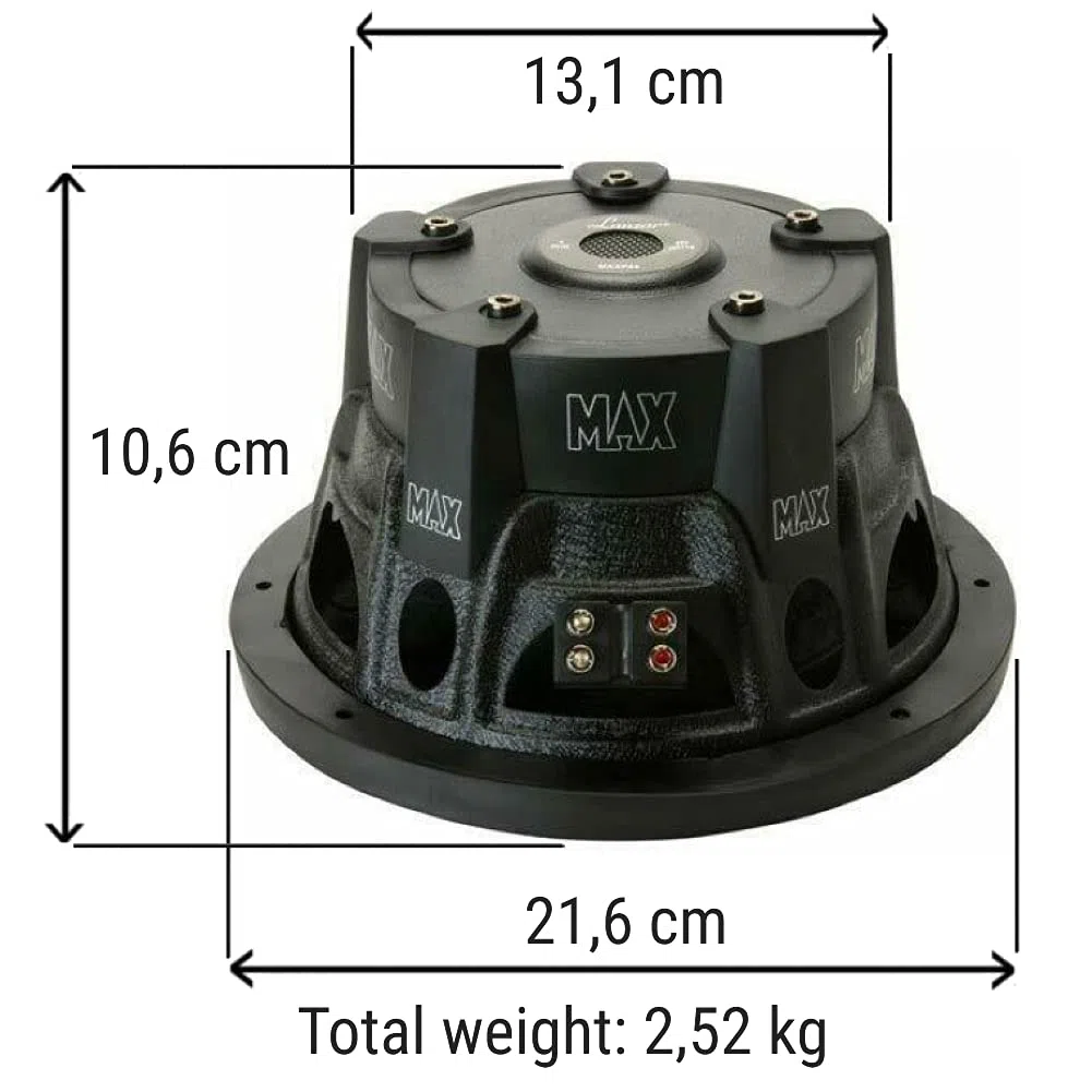 1 subwoofer LANZAR MAX PRO MAXP84 8" 20.00 cm 200 mm 400 rms i 800 wat max pojedyncza cewka 4 ohm pokrywa bagażnika drzwi samochodu, 1 sztuka