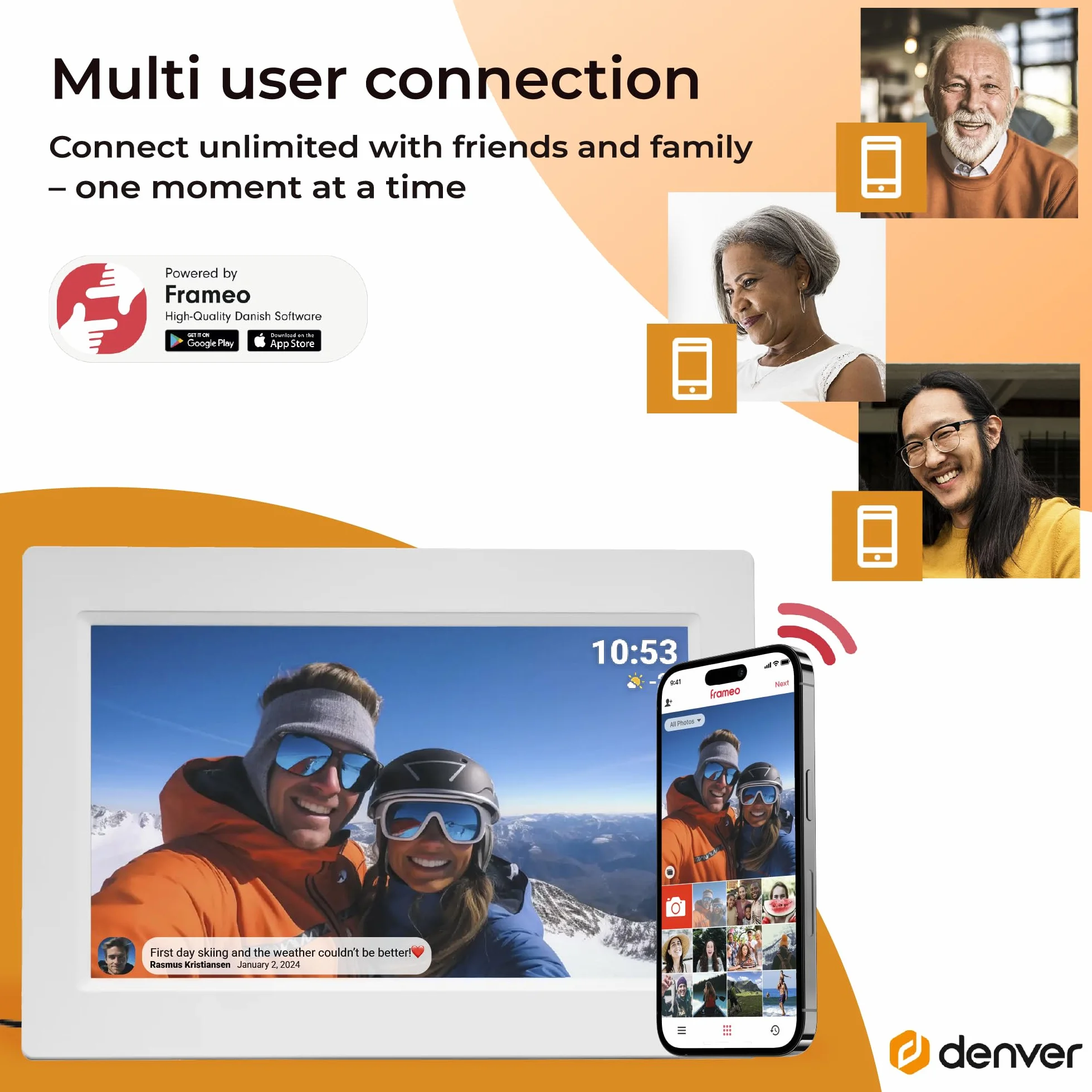 Denver Cyfrowa ramka na zdjęcia, biała, 10,1 cala z Wi-Fi – Frameo Digital Photo Frame Frame Frame z ekranem dotykowym i pamięcią 16 GB – elektryczna ramka na zdjęcia ze sterowaniem za pomocą