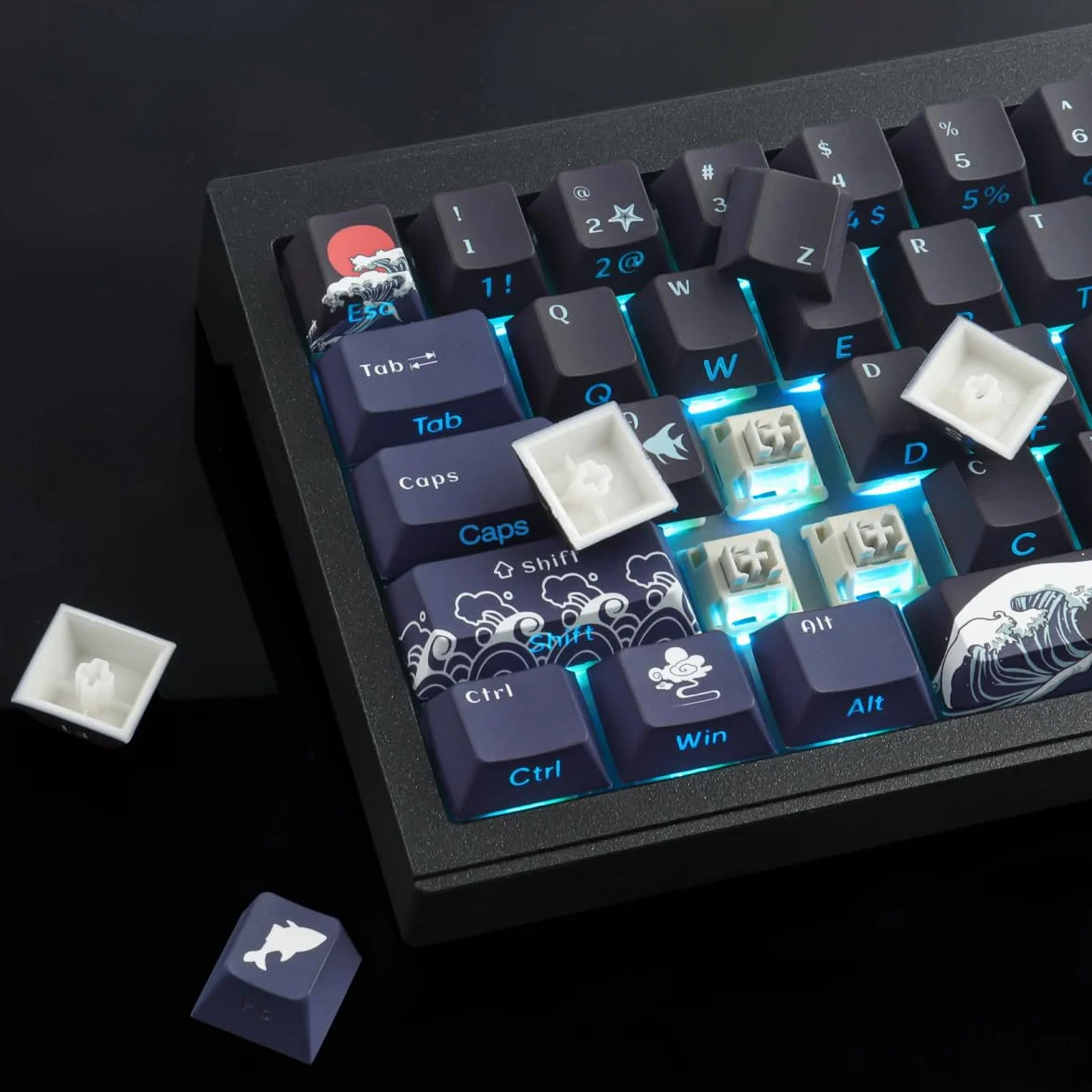 Sunzit PBT Custom Keycaps, 129 klawiszy Coral Sea nakładki na klawisze Cherry Profile Dye-Sub Shine Through Side Printed Keycaps do mechanicznej klawiatury gamingowej ISO/ANSI UK Layout (czarne)