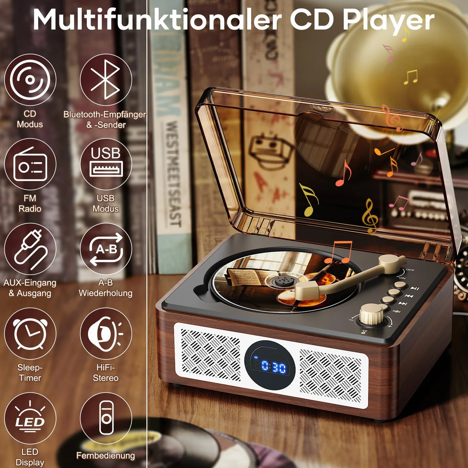 Przenośny odtwarzacz CD Bluetooth z głośnikiem – Lehwey Retro odtwarzacz CD z radiem FM, dźwięk stereo, obsługuje odtwarzanie USB/AUX, odtwarzacz CD w stylu vintage, z pilotem zdalnego sterowania