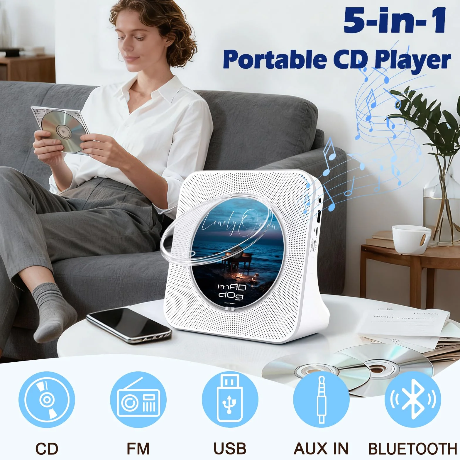 Przenośny odtwarzacz CD, Bluetooth, odtwarzacz CD z podwójnym głośnikiem, obsługuje ustawienia timera/radio USB/AUX/FM, połączenie ze słuchawkami Bluetooth lub głośnikami, pilot zdalnego sterowania