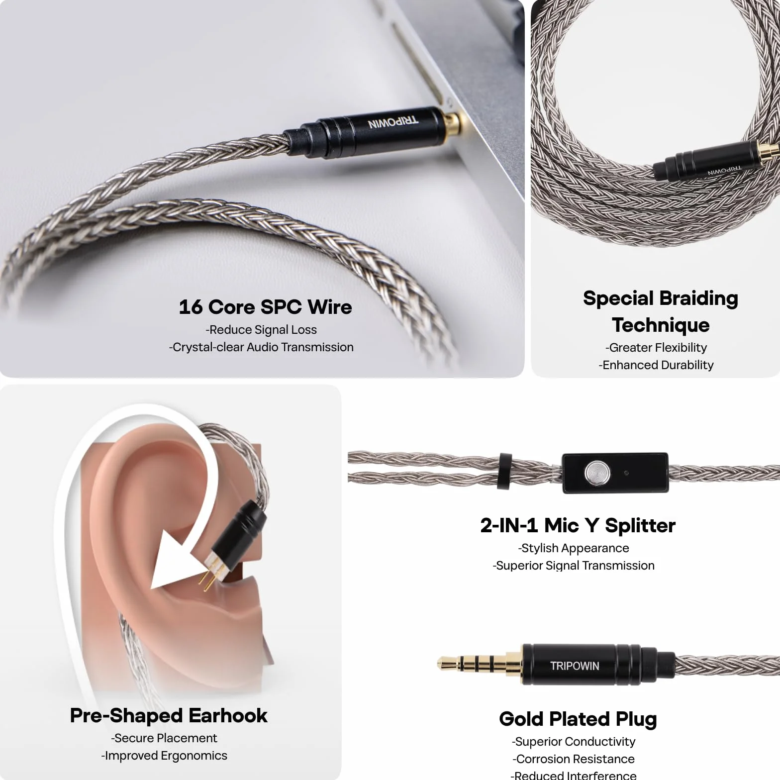 Linsoul Tripowin Zonie HiFi IEM Upgrade kabel, z mikrofonem Omni, 16-żyłowy, posrebrzany kabel słuchawkowy SPC, opcje typu C/3,5 mm, 1,25 m, nieplączący się przewód dla audiofilów (typ C, 2-pinowy