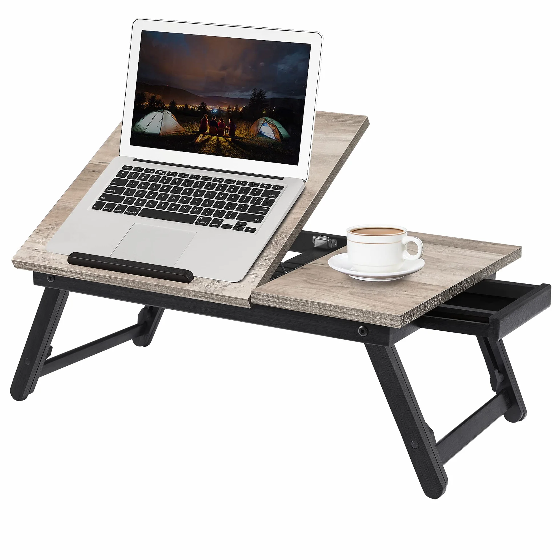 SONGMICS LLD105W01 Stolik/stojak pod laptopa, taca śniadaniowa, składane nogi, na łóżko i sofę, z regulacją wysokości, do laptopów o przekątnej ekranu do 15,6“, 55 x 35 x 23 cm, odcień greige