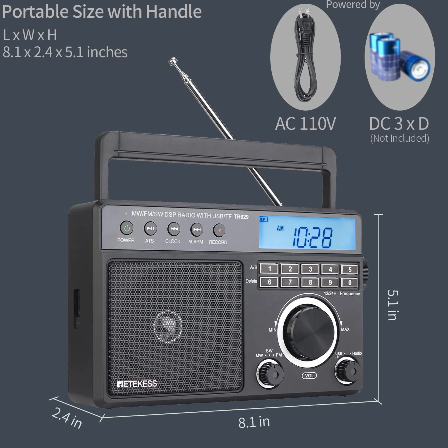 Retekess TR629 Radio Przenośne AM FM SW Odbiornik Radiowy DSP USB SD Zegar Budzik