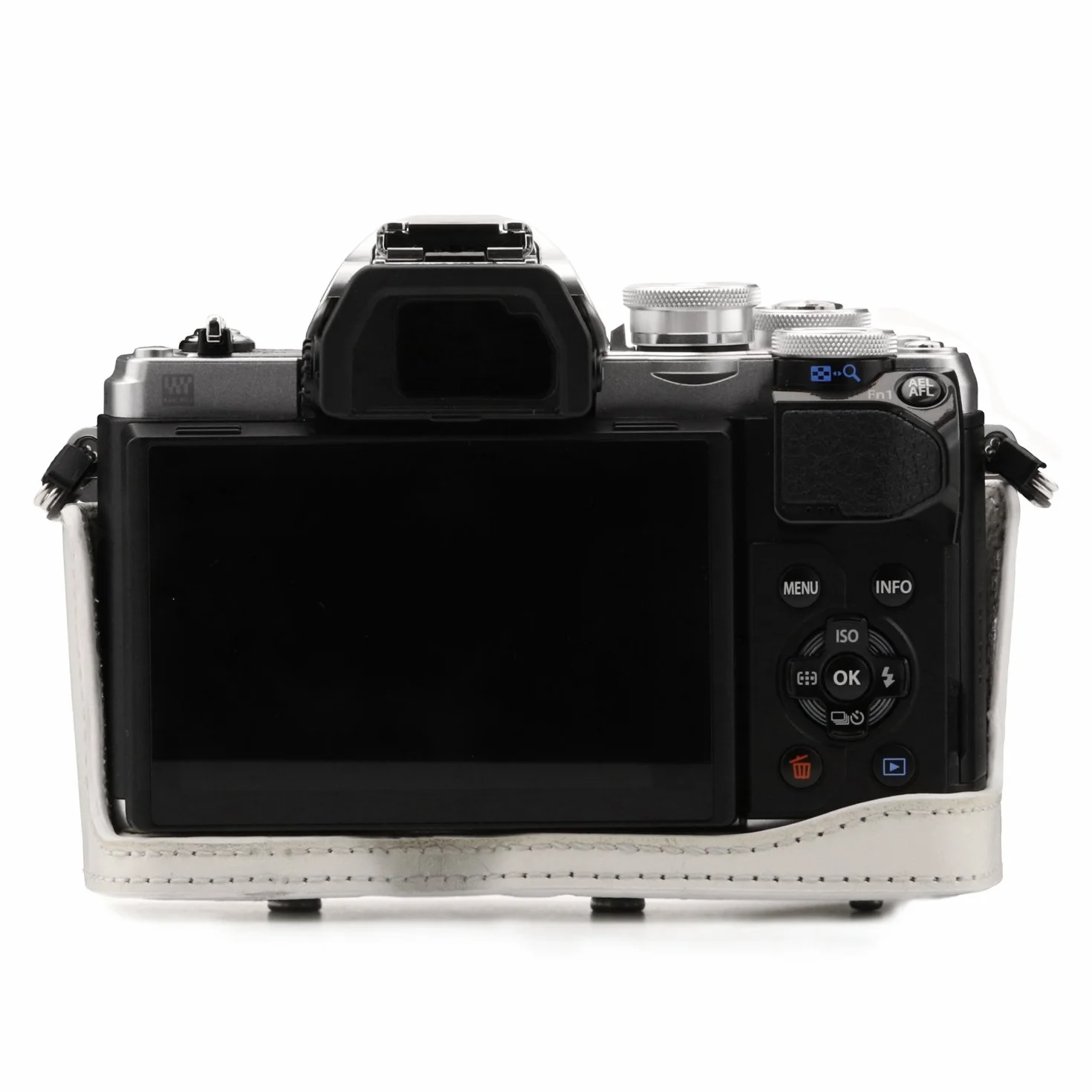 MegaGear MG1349 Ever Ready skórzane etui i pasek z dostępem baterii do kamery Olympus OM-D E-M10 Mark III - biały