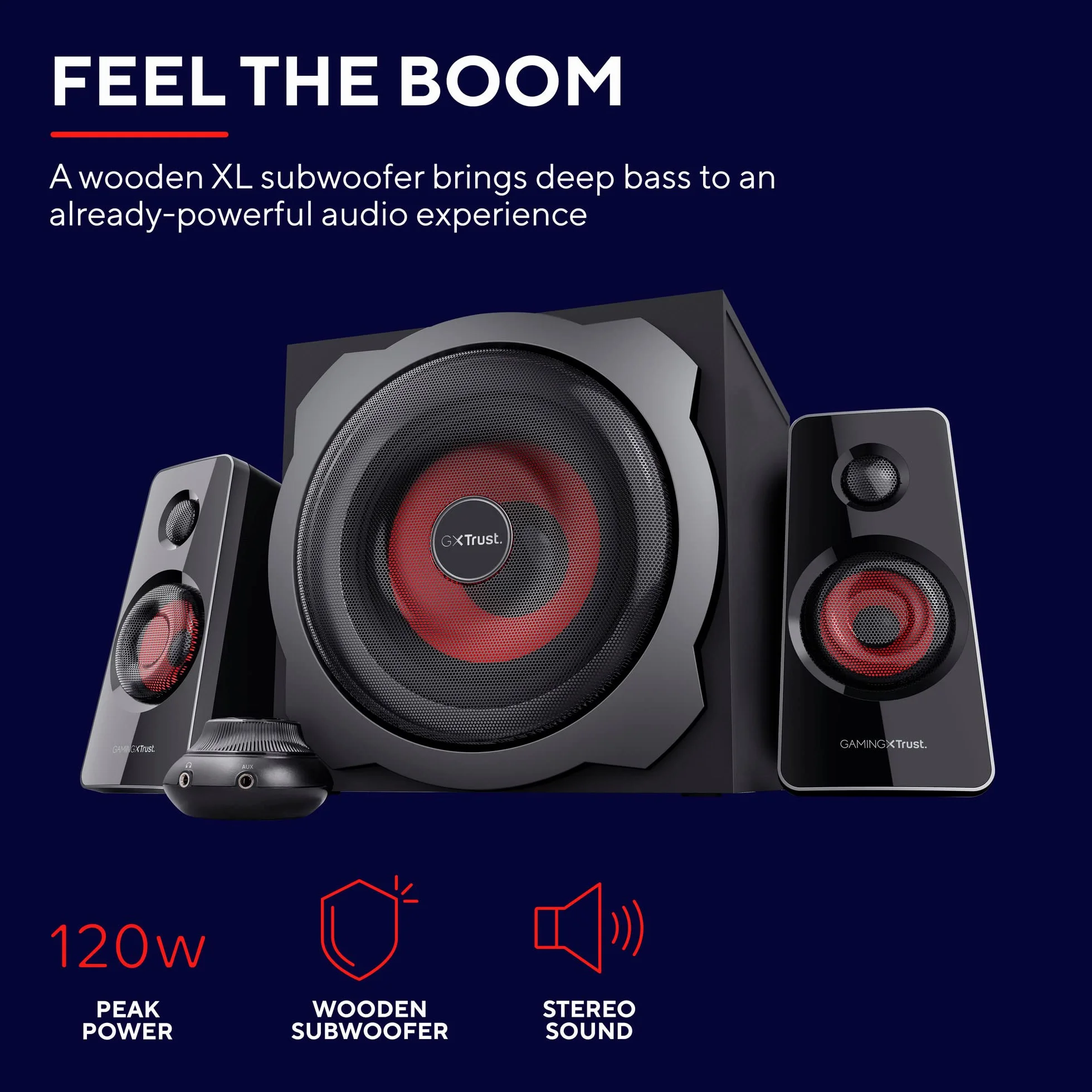 Trust Gaming GXT 38 Głośnik PC Gamer 2.1 z subwooferem, 120 W, inteligentne zarządzanie zasilaniem, regulacja głośności przewodowej, głośnik do komputerów PC i laptopa - czarny/czerwony