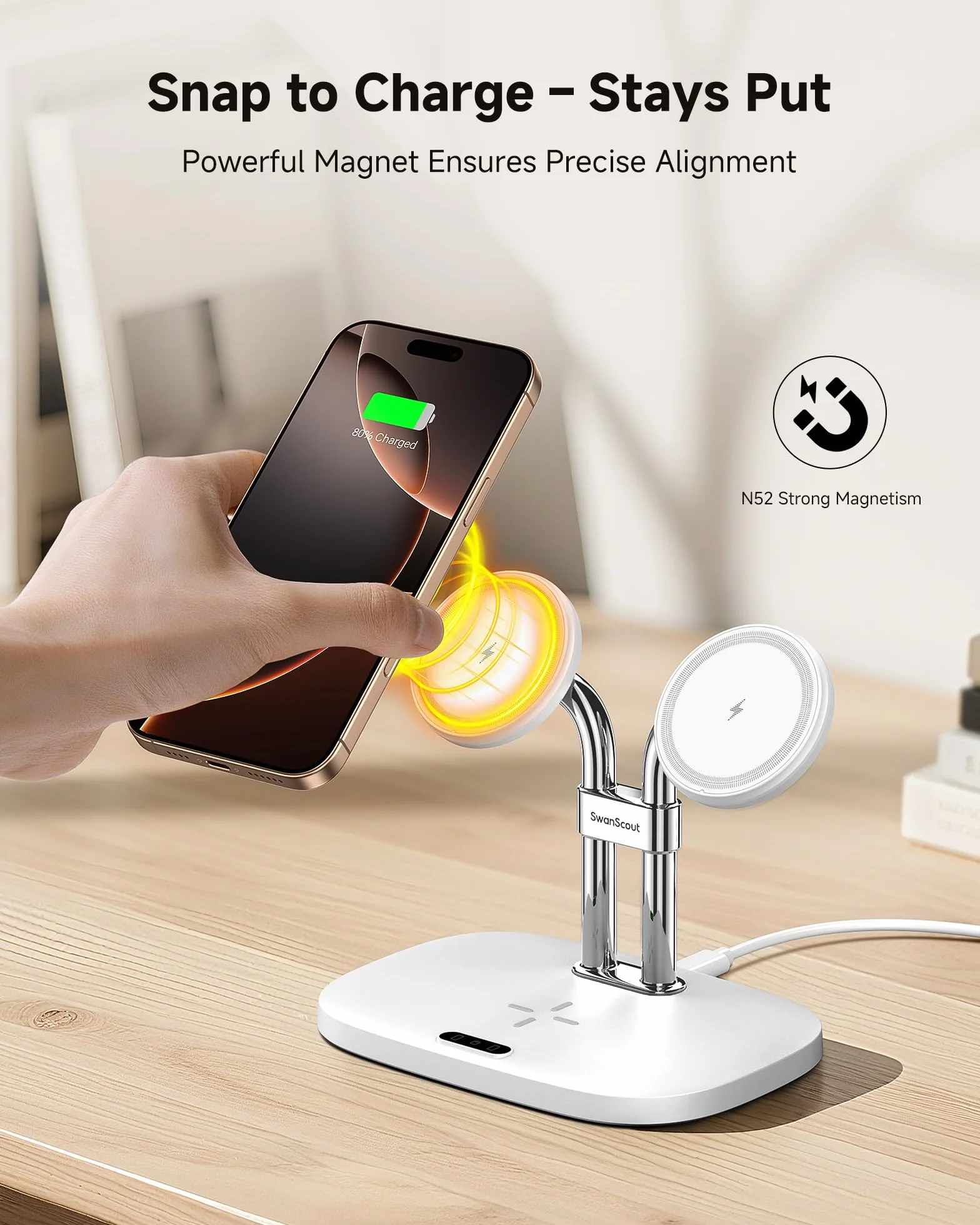 SwanScout 706M Indukcyjna stacja ładująca Mag-Safe do iPhone 17/Air/16/15/14/13, AirPods Pro 4/3, bezprzewodowa ładowarka 2 urządzenia