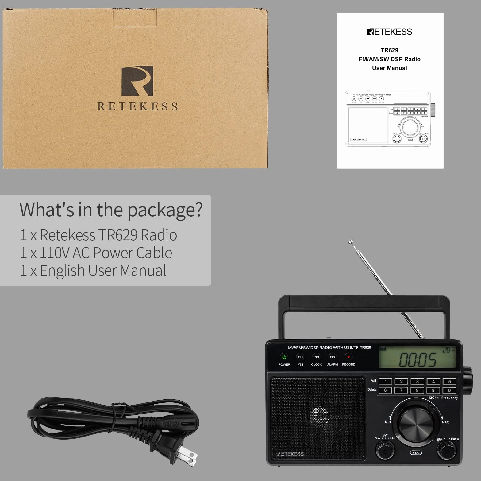 Retekess TR629 Radio Przenośne AM FM SW Odbiornik Radiowy DSP USB SD Zegar Budzik