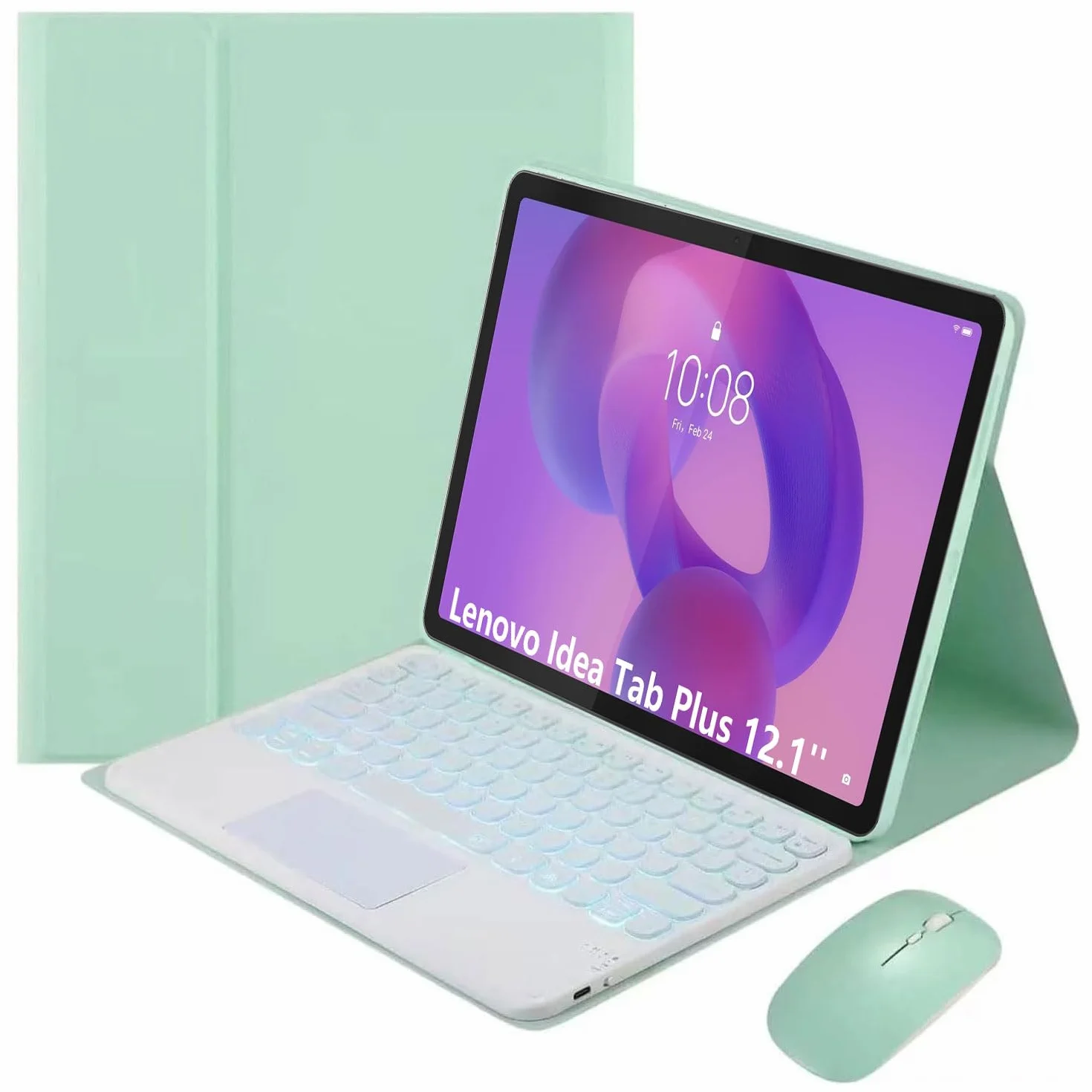 Keyboard Case for Lenovo Idea Tab Plus 12,1 cala/Tab K12 2025 (TB361ZU/TB361FU), odłączana klawiatura 7-kolorowym podświetleniem i gładzikiem, ultracienka obudowa z myszką,Mint green