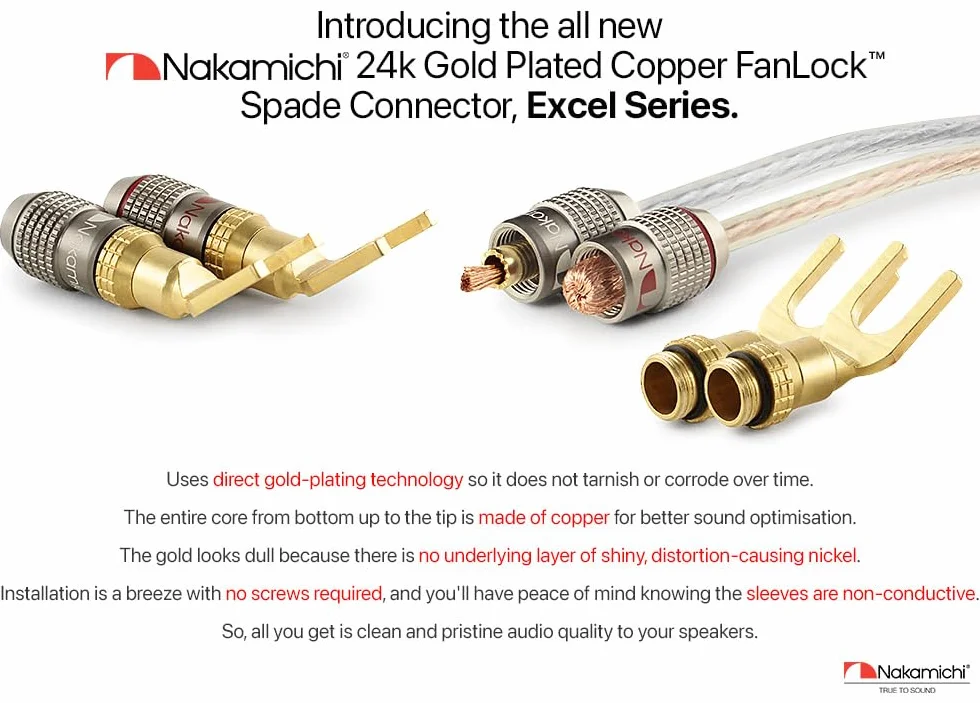 Nakamichi FanLock Wtyk Złącza widełkowe platerowany 24-karatowym złotem 10 AWG - 18 AWG Rozmiar miernika 4mm dla głośników Wzmacniacz Hi-Fi Kino domowe Kabel audio Szybkozłącze, 8 Sztuki (4-Pary)