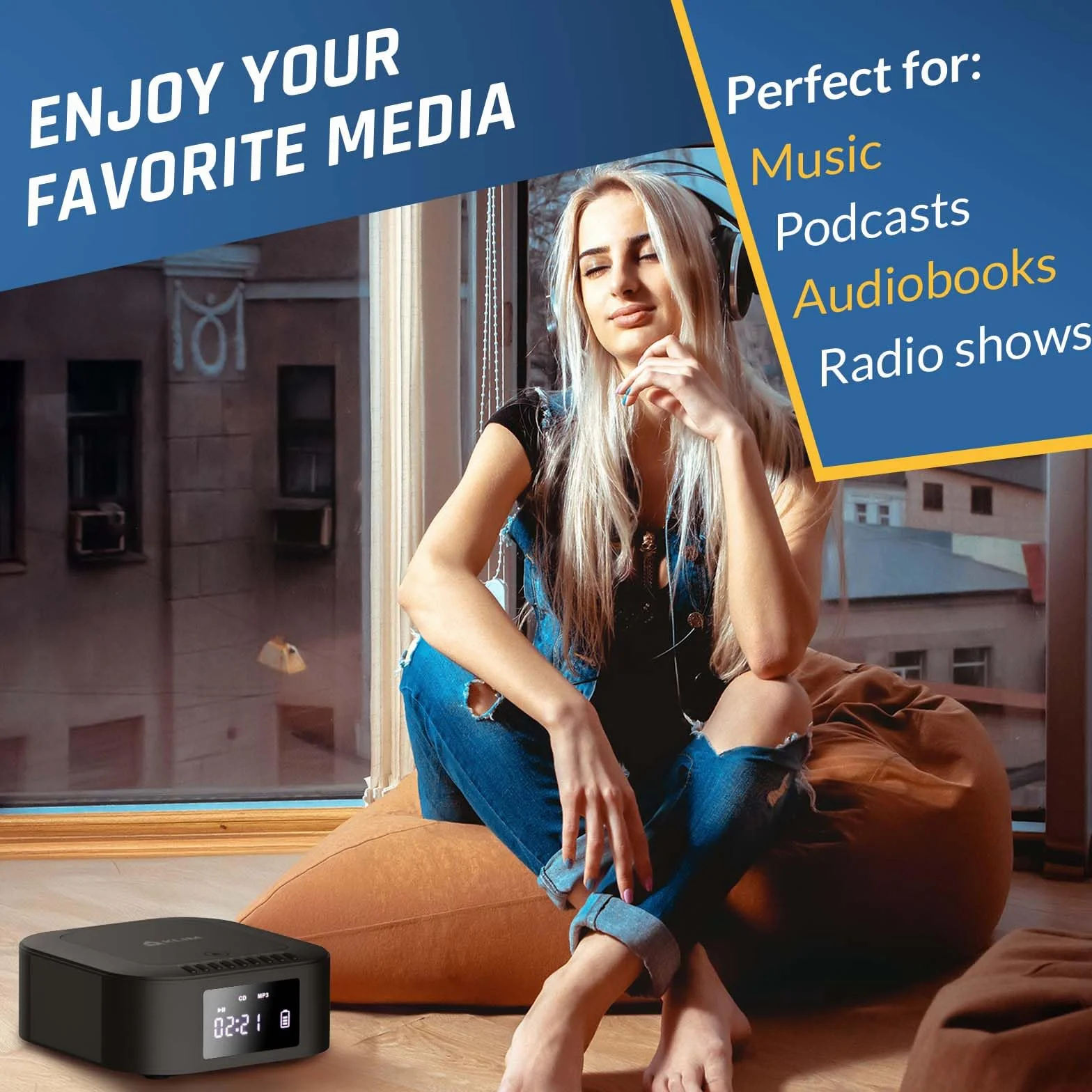 KLIM Odtwarzacz CD Boombox E1 + BASS Boost z subwooferem + radio FM z odtwarzaczem CD i USB, Bluetooth, AUX + stereo domowy + przewodowy lub bezprzewodowy + akumulator, pilot zdalnego sterowania