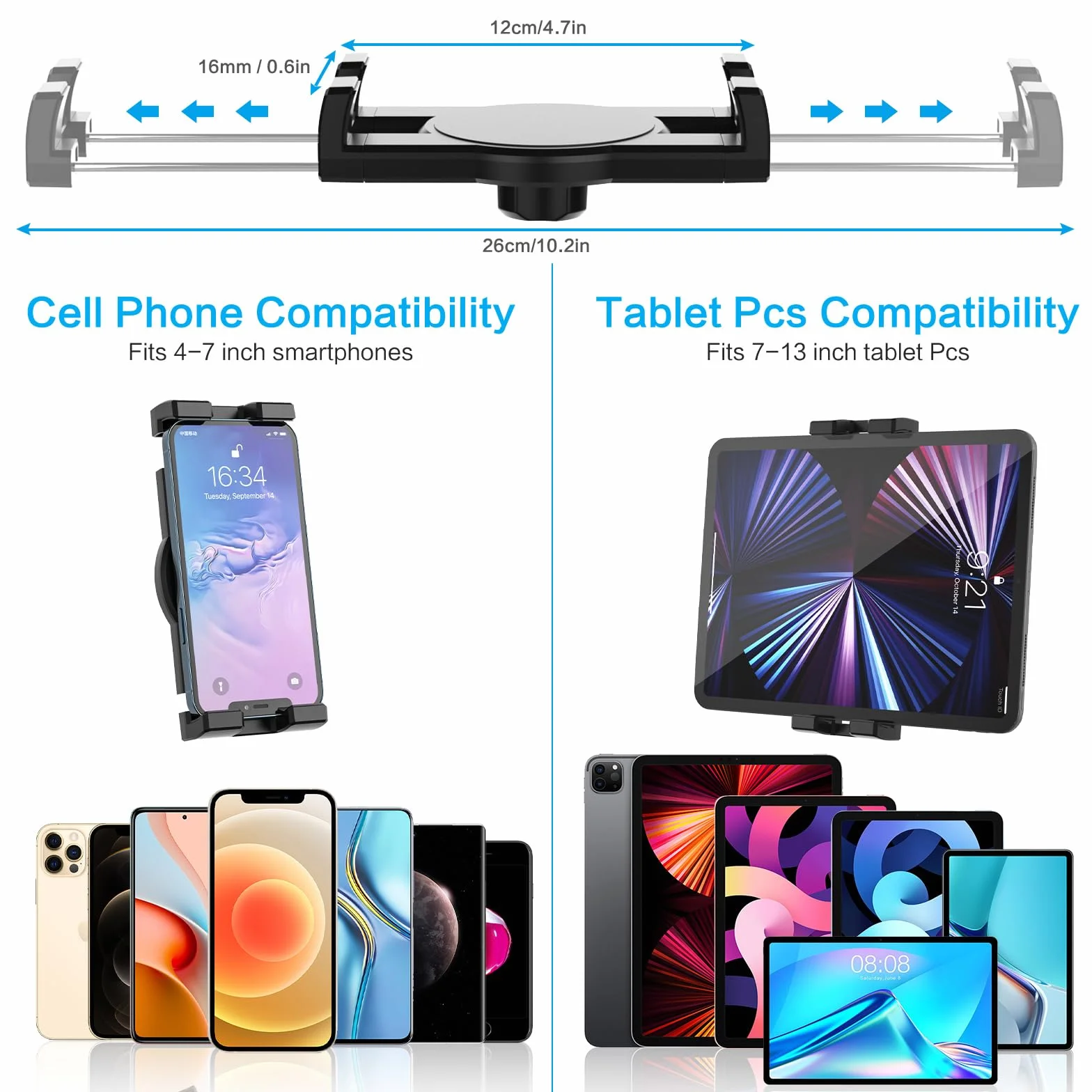 Uchwyt na tablet samochodowy z wysuwanym ramieniem 360° obrotowy do iPada Pro Air Mini Galaxy Huawei iPhone 4-12,9"