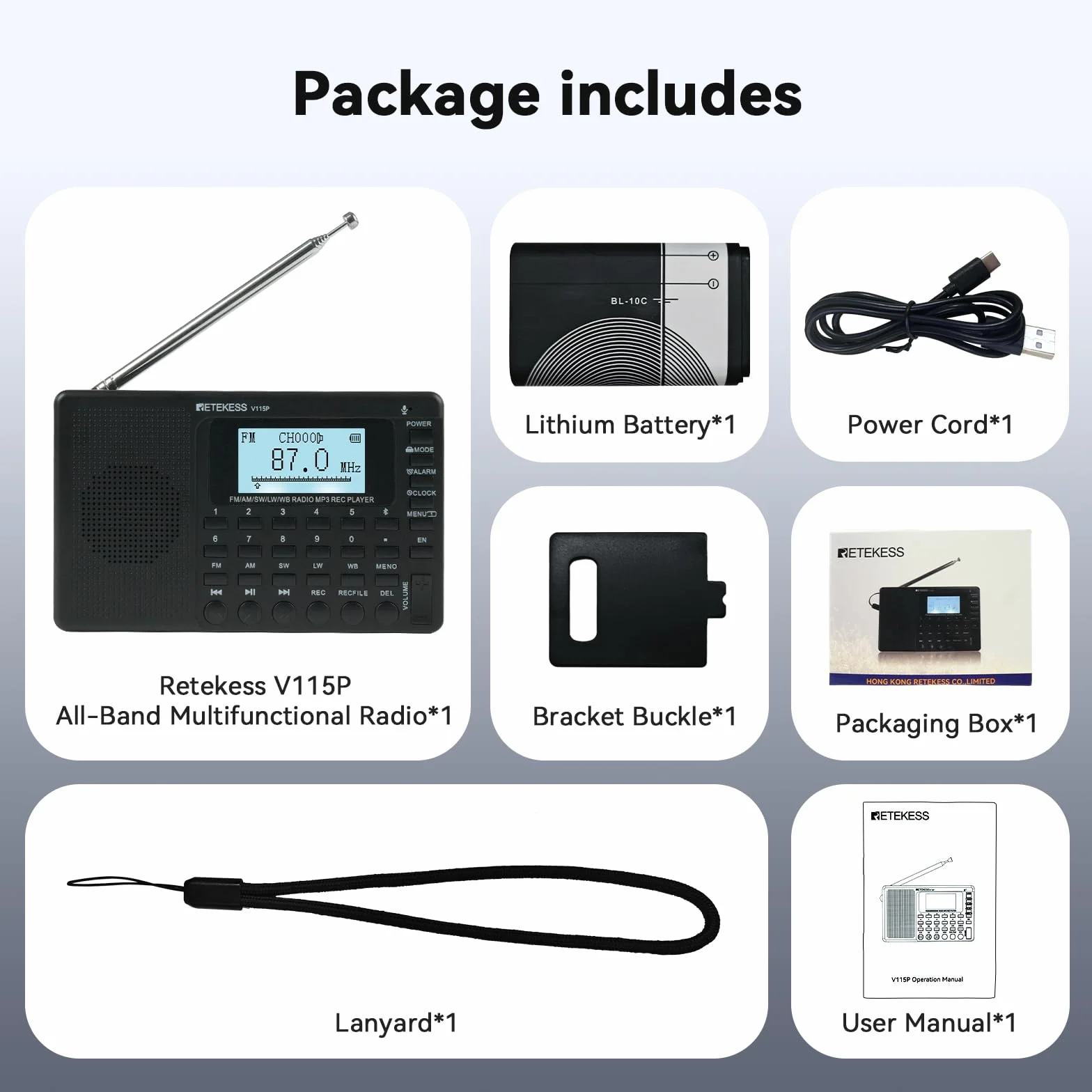 Retekess V115P Przenośne Radio, AM FM SW, akumulator 1800 mAh, wejście TF/AUX, nagrywanie, latarka, timer uśpienia, budzik, odpowiednie na wypadek sytuacji awaryjnych, na kemping