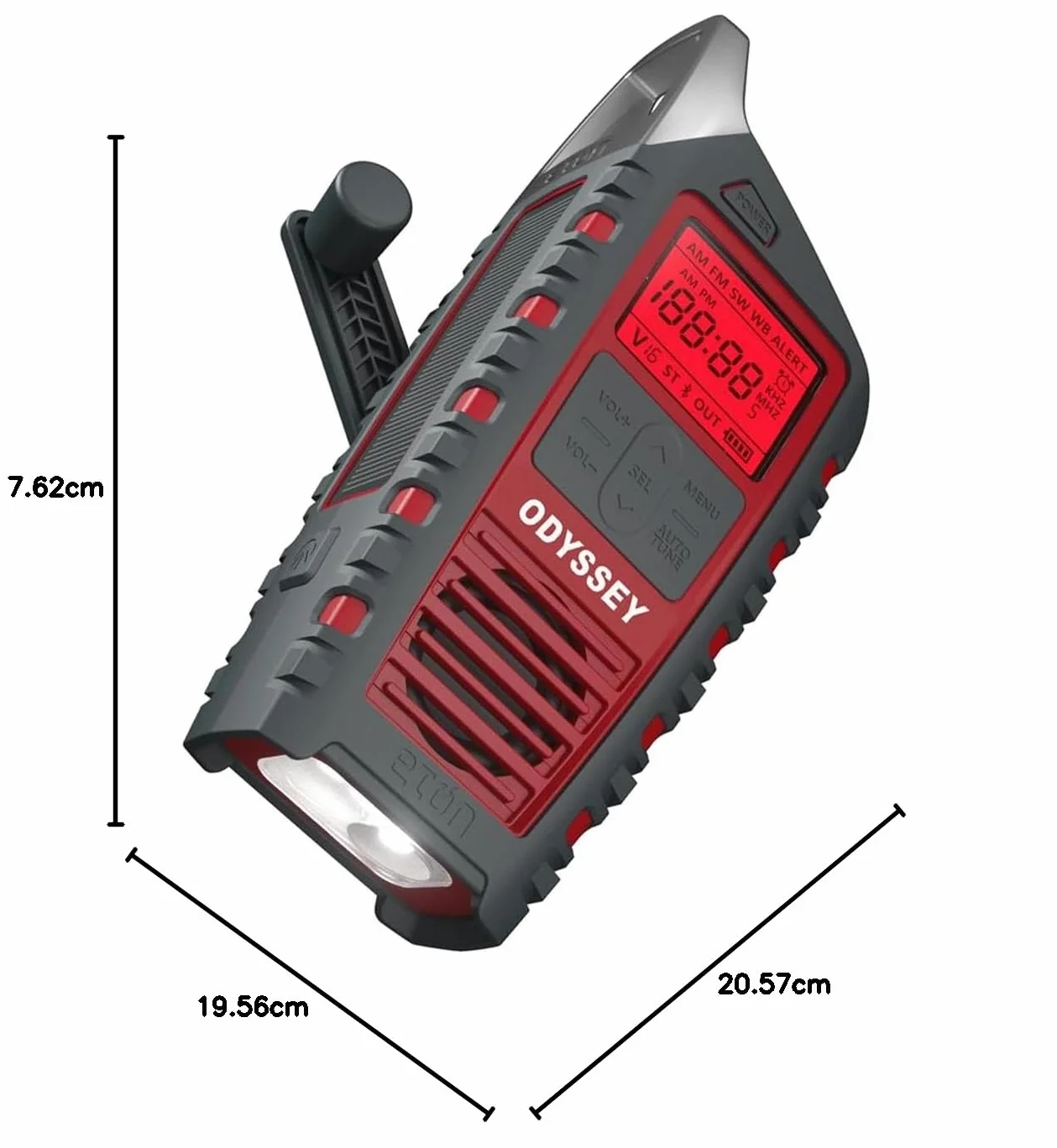 Eton American Red Cross Adventure Series Odyssey - wielopasmowe radio (AM/FM/NOAA/krótkofalowe) z Bluetooth, zasilane energią słoneczną, zasilaniem bateryjnym, latarką LED, ładowarką do telefonu