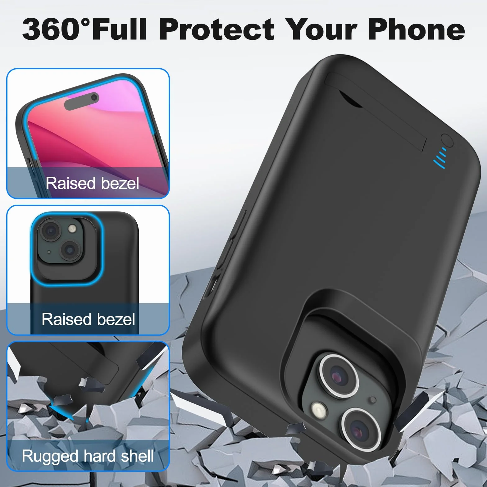 Etui na baterię do iPhone 15, prawdziwe 8500 mAh, wąskie, ładowalne, rozszerzona ładowarka, etui do ładowania ze stojakiem, przenośny powerbank ochronny do iPhone 15, 6,1 cala – czarne