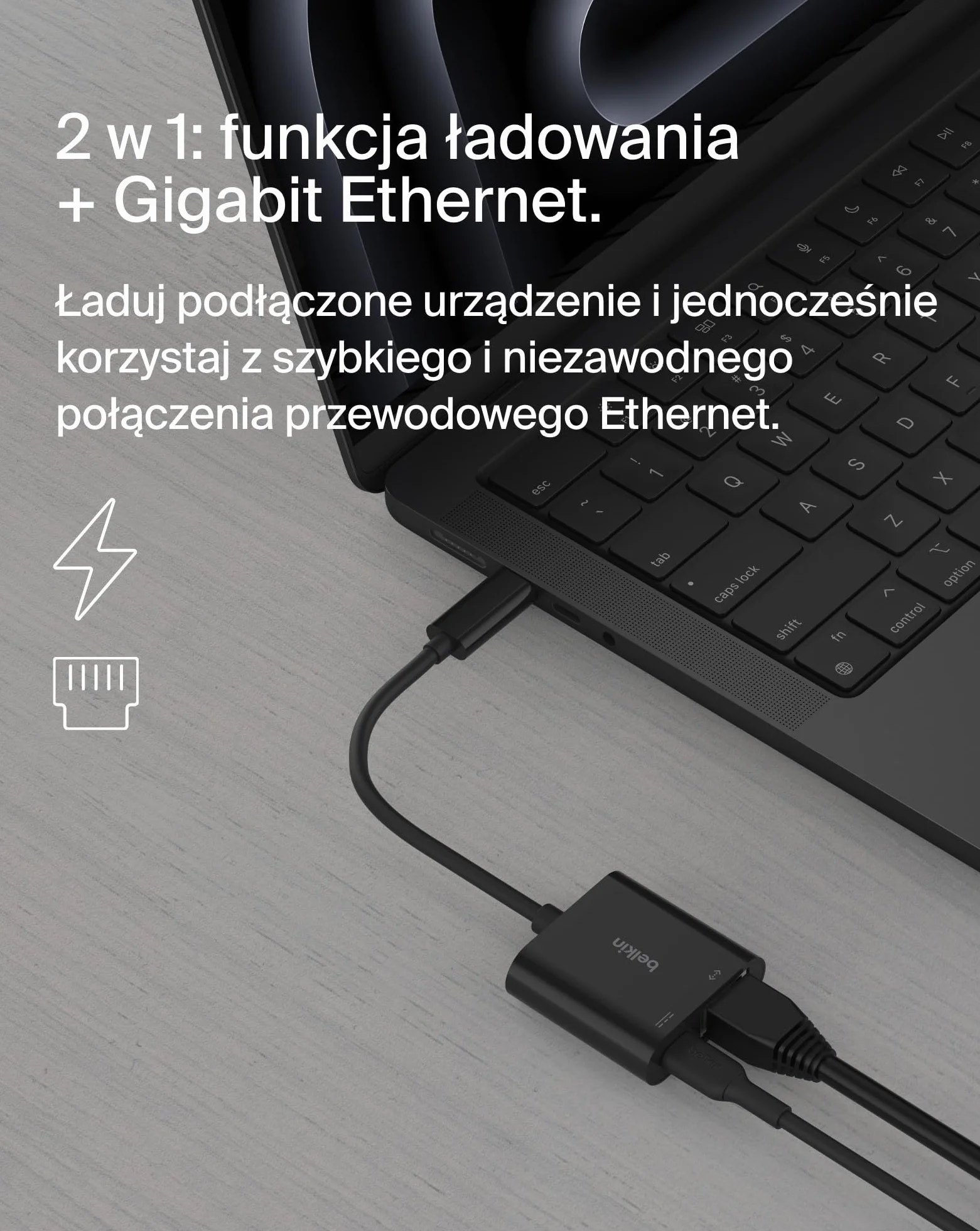 Adapter Belkin Connect USB-C na Ethernet z funkcją ładowania 100 W, port Gigabit Ethernet i USB-C – szybkie połączenie z Internetem: 10/100/1000 Mb/s – zgodny z iPhone’em 16 i Samsungiem Galaxy S24