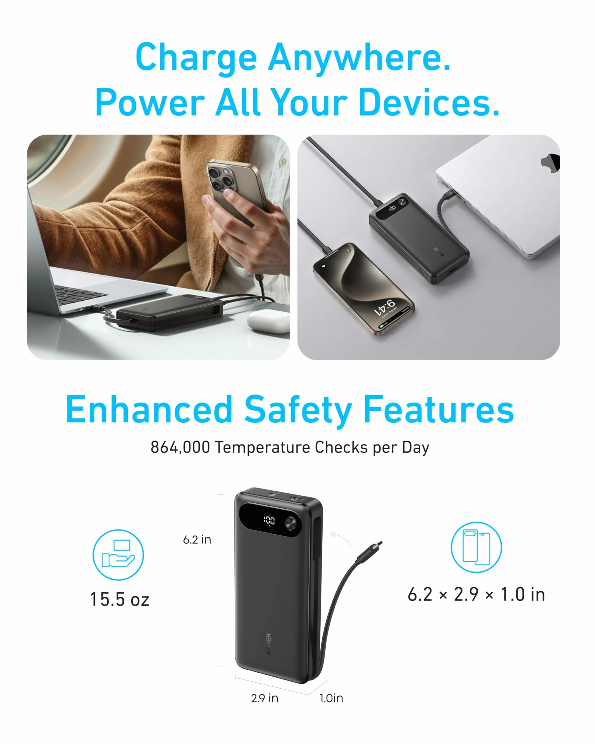Anker Powerbank, przenośna ładowarka 20 000 mAh z wbudowanym kablem USB C, 87 W Max akumulator do szybkiego ładowania, 2 USB-C i 1 USB-A, do MacBook, iPhone 16/15/14, Samsung (Czarny)
