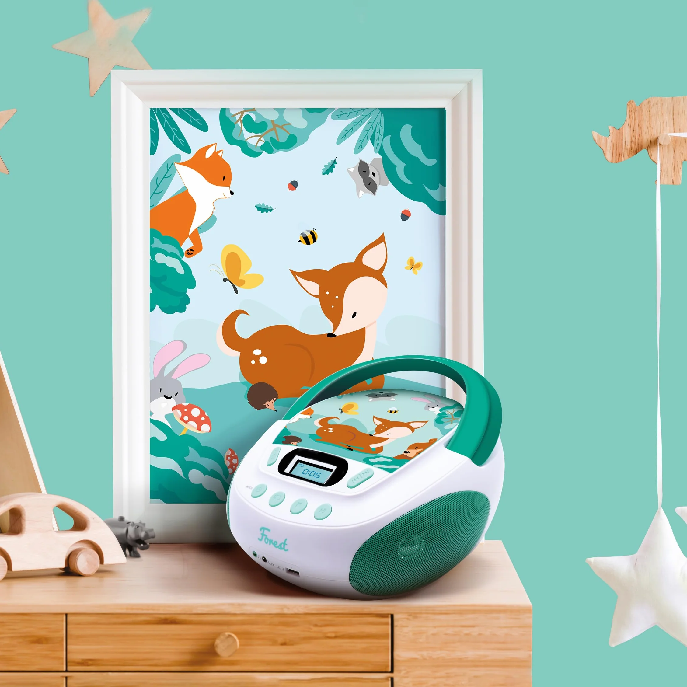 Odtwarzacz CD MP3 Forest Metronic dla dzieci z portem USB i wejściem audio Biały/Zielony