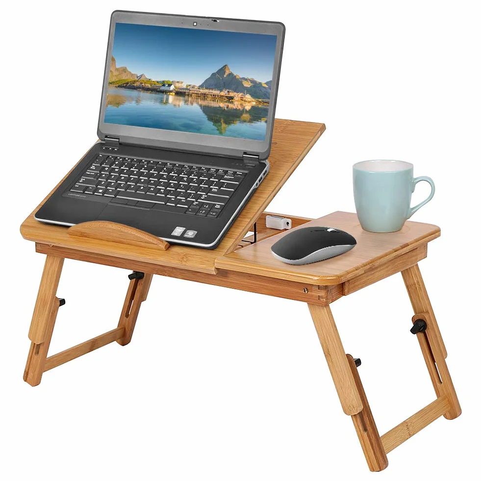 Cocoarm Bambusowy stolik na laptopa, regulowany stojak na laptopa do łóżka, przenośna tacka śniadaniowa do łóżka, wielofunkcyjny stół z przechylanym blatem i szufladą do przechowywania