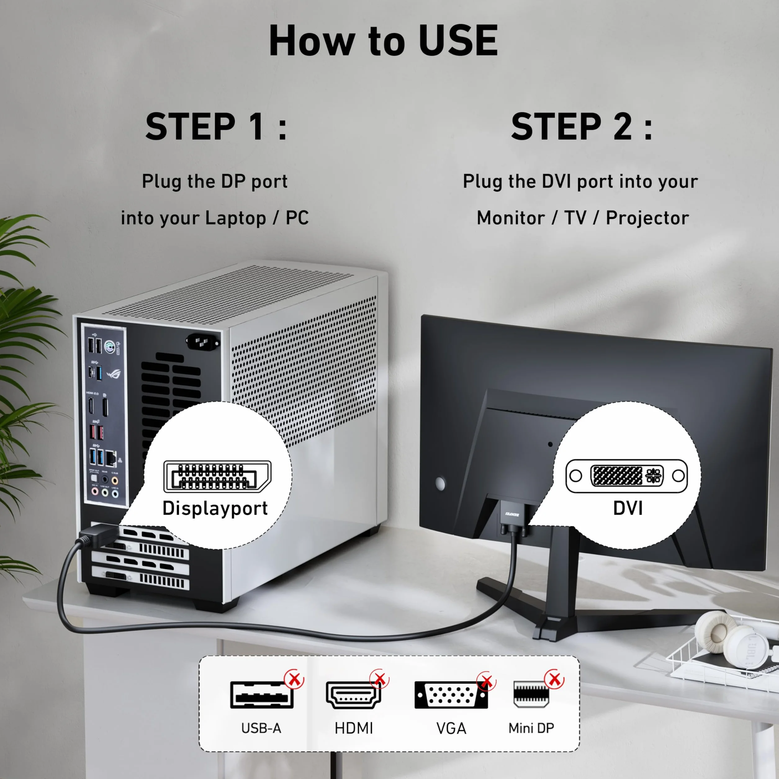 BENFEI Kabel DisplayPort do DVI o długości 6 stóp, adapter DisplayPort do DVI z męskiego na męskie, pozłacany kabel do Lenovo, Dell, HP i innych marek