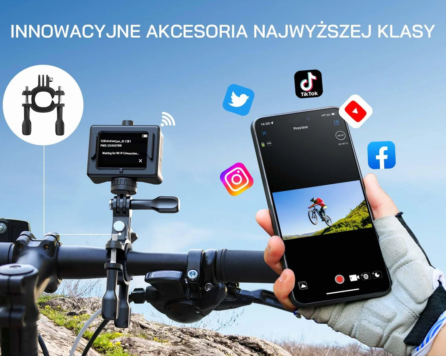 WOLFANG GA300 Kamera Sportowa 4K, Wodoodporna 40m z Kartą 32GB, WiFi 60FPS 24MP, Zoom 8x + Szeroki Kąt 170° EIS, Pilot 2.4G, Ekran Dotykowy, 2x Bateria 1350mAh