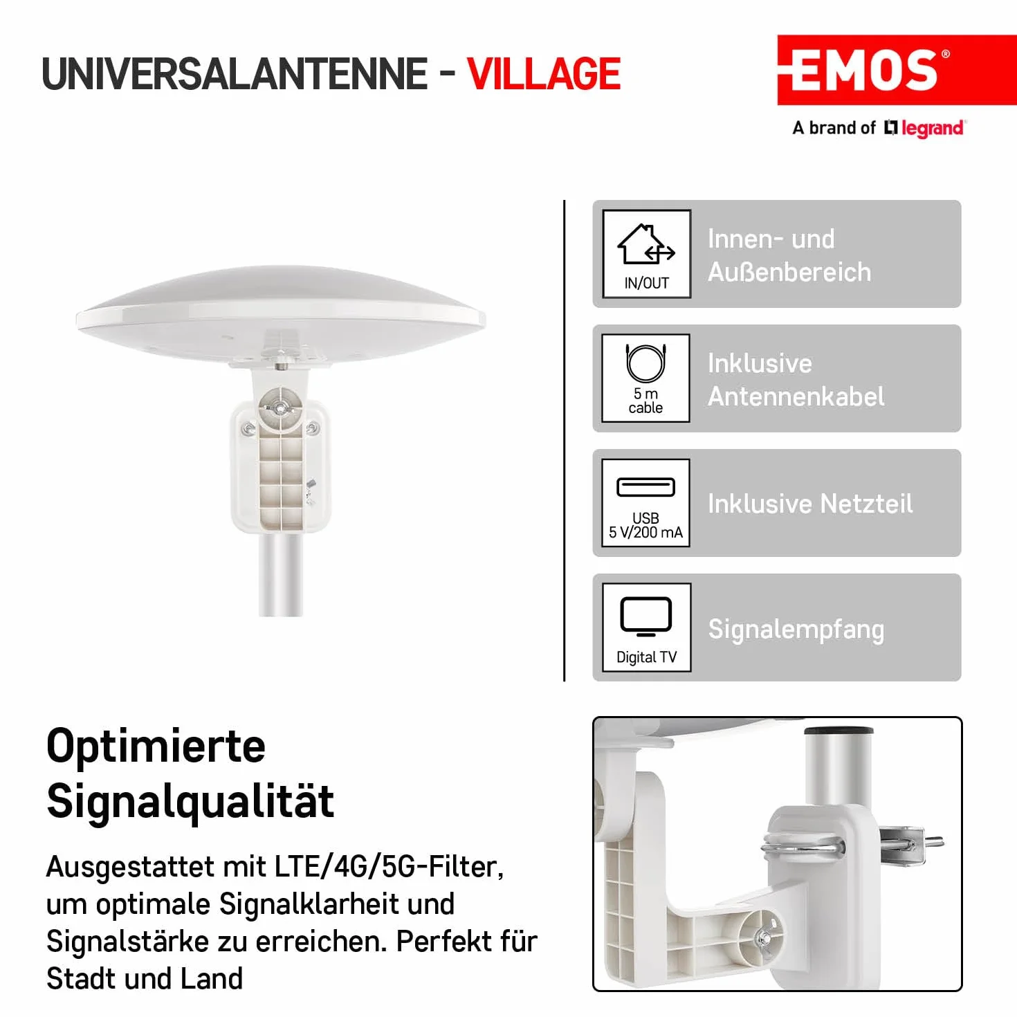 EMOS Antena cyfrowa ze wzmacniaczem aktywna Village zasięg 0-80 km FM DAB DVB-T DVB-T2 filtr LTE 4G 5G kąt odbioru 360° odporna na warunki