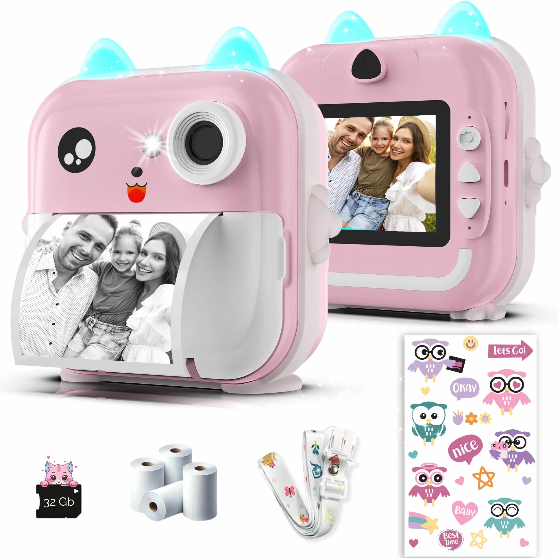 Natychmiastowa kamera dziecięca - podwójny obiektyw 48 MP, wideo 1080P, druk termiczny z 4 rolkami papieru - aplikacja Bluetooth, karta 32 GB, prezent dla dziewczynek i dzieci w wieku 3-12 lat (różowy