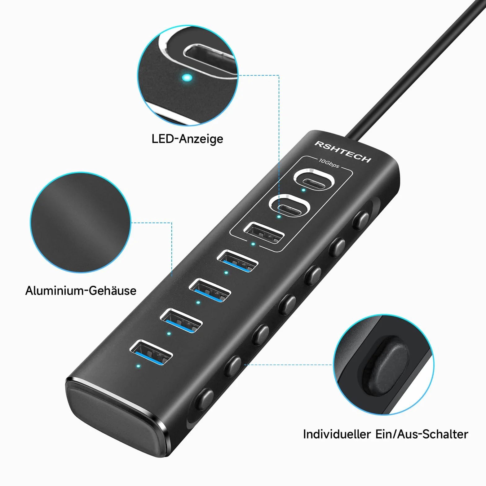 RSHTECH 7-portowy hub USB C 3.2 aktywny 10 Gb/s aluminiowy RSH-A107C