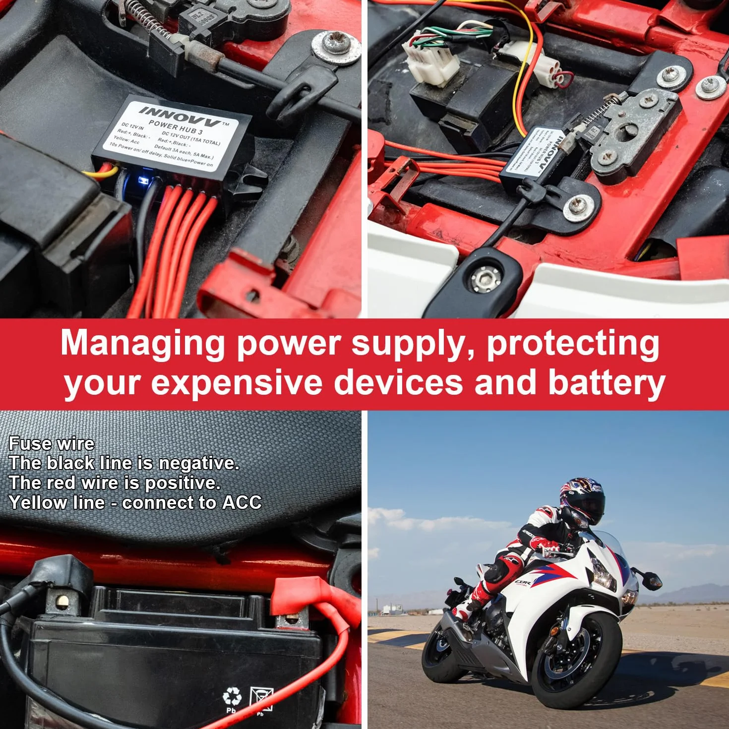 INNOVV Power Hub 3 Power Distribution System Kit, DC 12V 15A Motorcycle Power Distribution Hub
