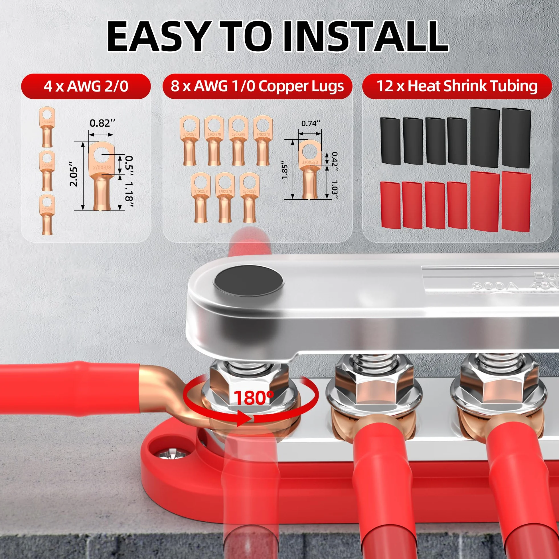 Joinfworld Szyna zbiorcza Busbar 12 V, 300 A blok rozdzielający zasilanie, morski blok rozdzielaczy zasilania z osłoną, 6 x 3/8", do 300 V AC 48 VDC, szyna dodatnia i masa do samochodu, łodzi (BB300