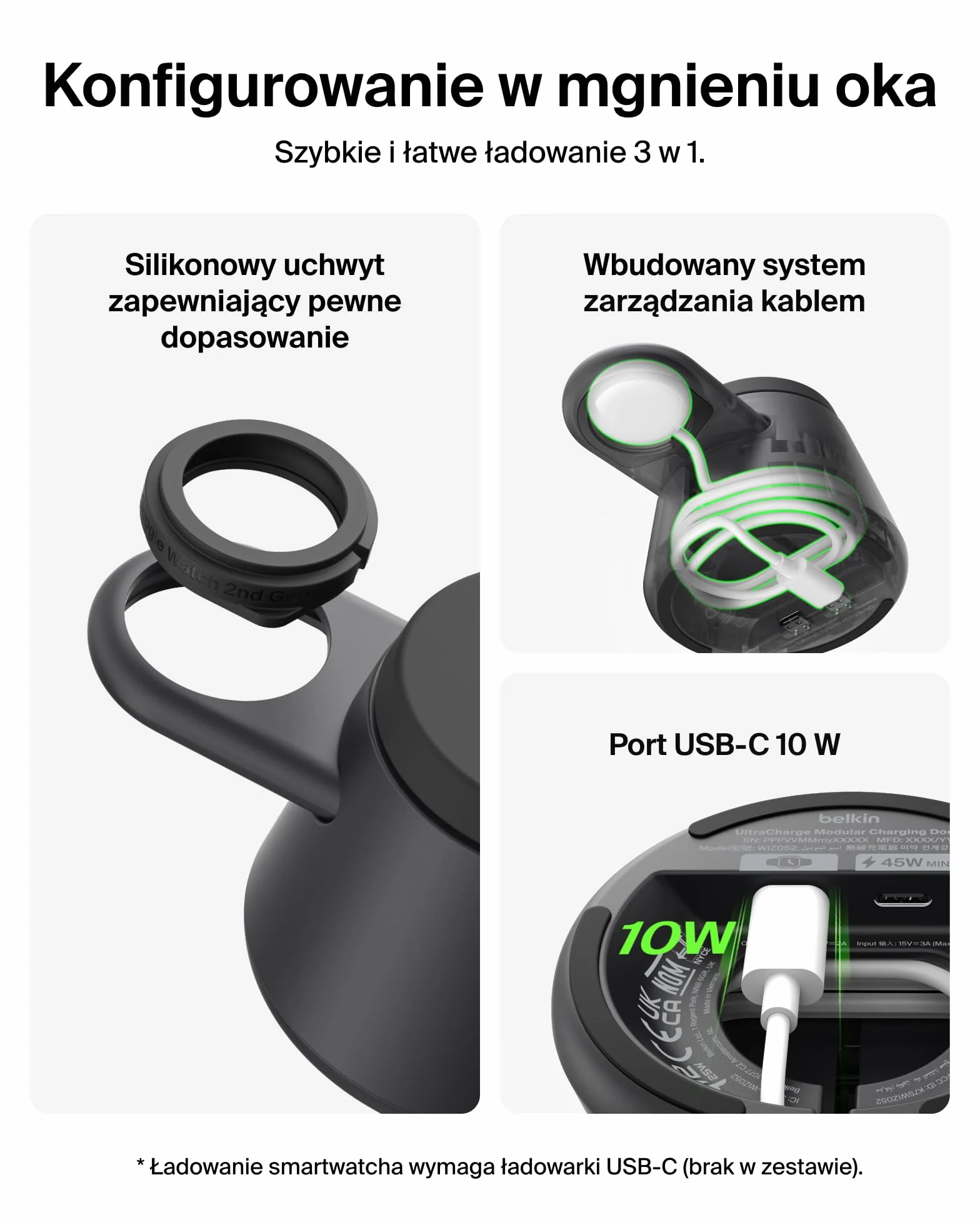 Belkin UltraCharge Bezprzewodowa Stacja 3 w 1 z Portem USB-C do Smartwatcha (Bez Ładowarki do Zegarka), Ładowarka Magnetyczna Qi2.2 25 W, Zasilacz 45 W – Samsung Galaxy S26, Galaxy Watch, Apple Watch
