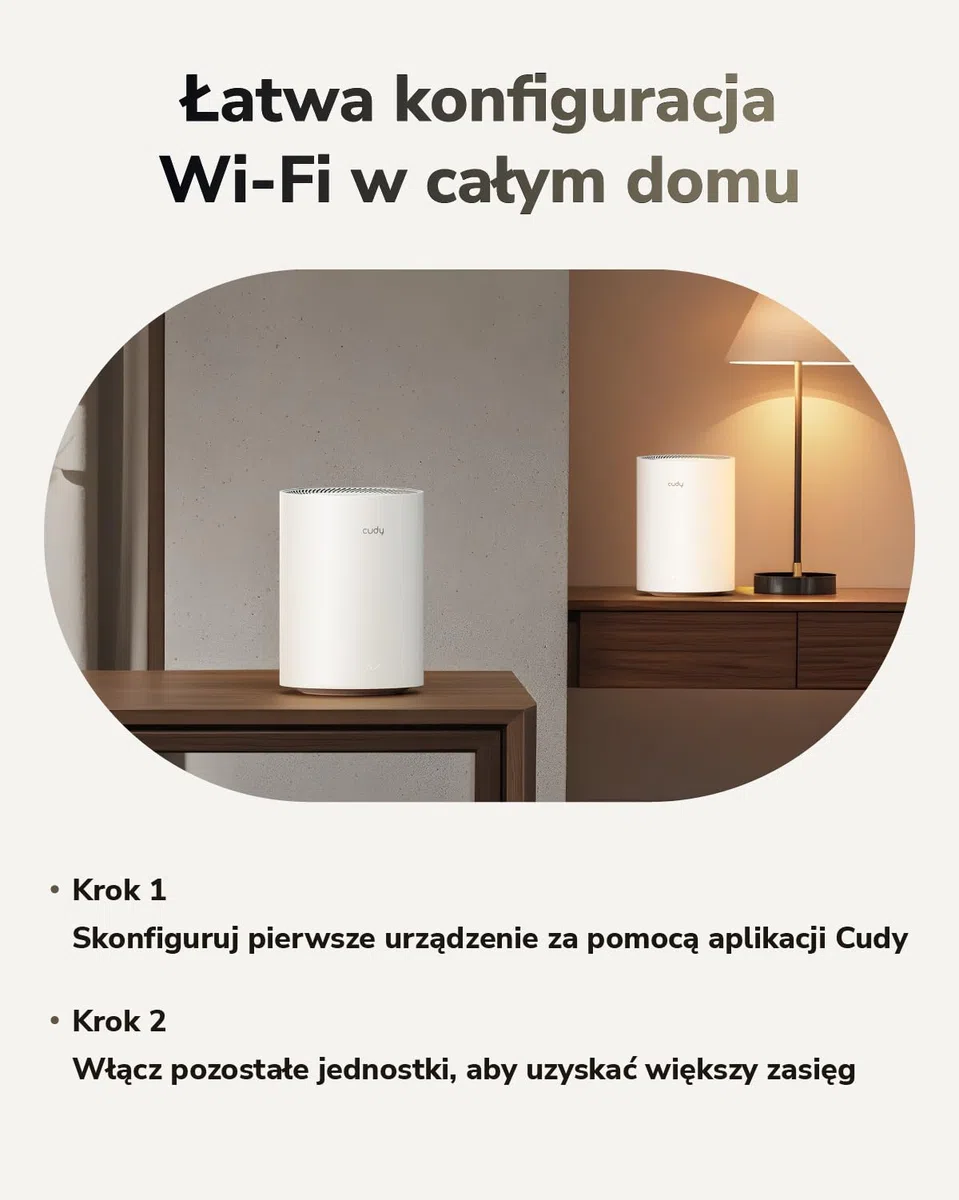 Cudy Dwuzakresowy system BE3600 WiFi 7 Wi-Fi, 3,6 Gb/s 160 MHz, zasięg do 100 m², 3 porty gigabitowe, kompatybilny z wieloma VPN, sterowanie aplikacją Cudy (M3600 1 opakowanie)