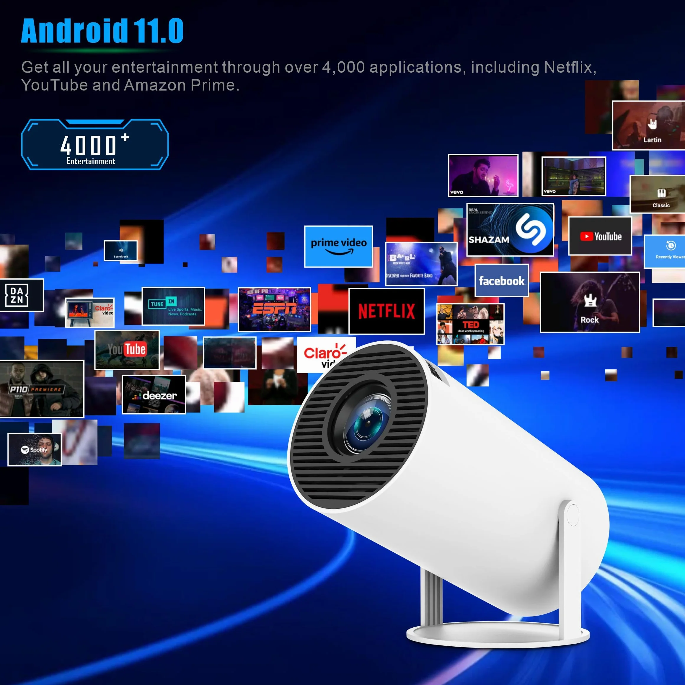 Projektor mini FHD 4K, przenośny projektor wideo WiFi 6 BT5.2, korekcja trapezu, obrót o 180°, kompatybilny z telefonem/PC/HDMI/USB/PS5 [aplikacja]
