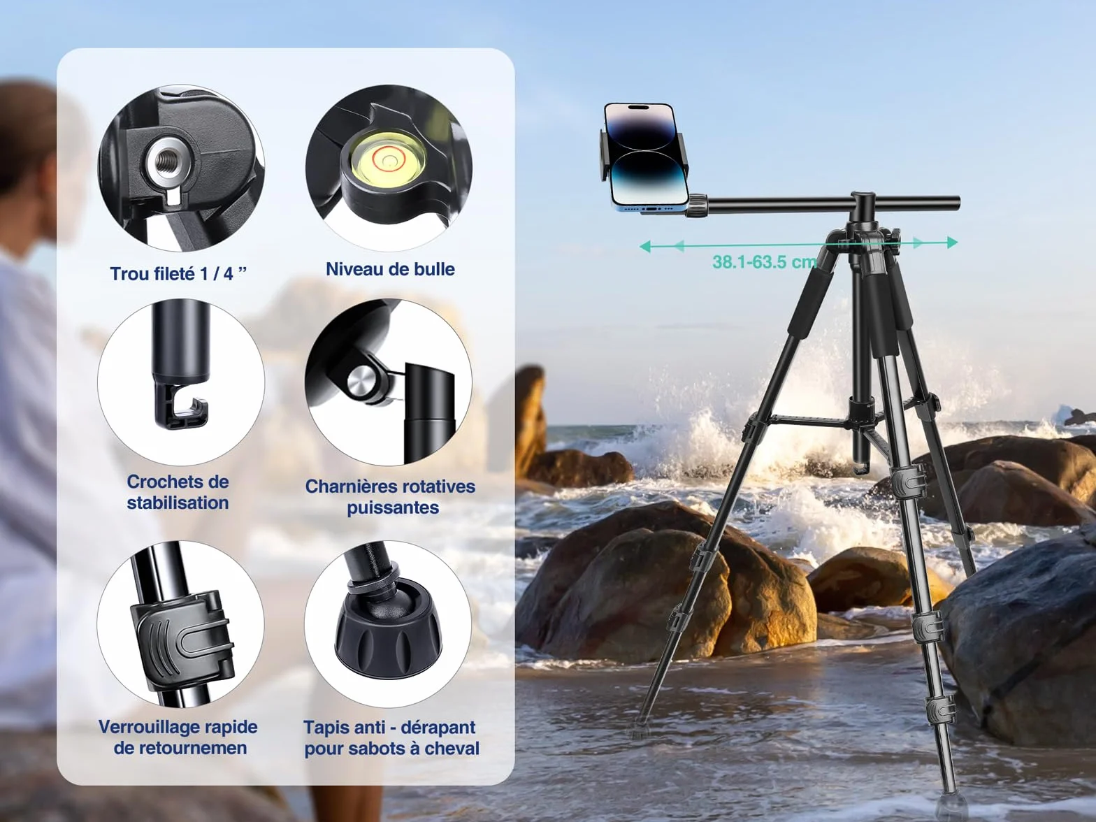 Elitehood Statyw na Telefon 180 cm, Tripod z Regulacją Kąta 360 Stopni, Uchwyt 63 cm